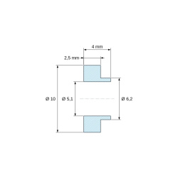 Plan coté 4 mm, Douille isolante à collerette Ø5,1x10mm, épaulement haut Ø6,2mm, polyamide PA6.6 renforcé fibre de verre noir UL94-HB
