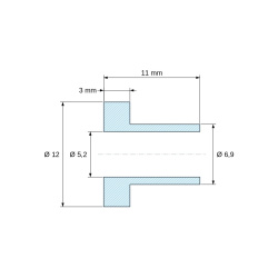 Plan coté 11 mm, Douille isolante à collerette Ø5,2x12mm, épaulement haut Ø6,9mm, polyamide PA6.6 renforcé fibre de verre noir UL94-HB