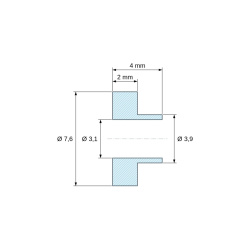 Plan coté 4 mm, Douille isolante à collerette Ø3,1x7,6mm, épaulement haut Ø3,9mm, hauteur 4mm, PA6.6 renforcé fibre de verre noir UL94-HB