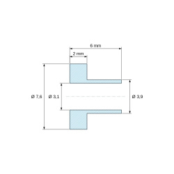 Plan coté 6 mm, Douille isolante à collerette Ø3,1x7,6mm, épaulement haut Ø3,9mm, hauteur 6mm, PA6.6 renforcé fibre de verre noir UL94-HB
