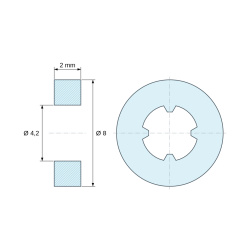 Plan coté 2 mm, Entretoise lisse auto-retenue plastique polyamide PA6.6 noir UL94-HB Ø4,2x8mm pour vis M4