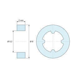 Plan coté 2 mm, Entretoise lisse auto-retenue plastique polyamide PA6.6 noir UL94-V2 Ø5,2x8mm pour vis M5