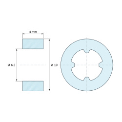 Plan coté 4 mm, Entretoise lisse auto-retenue plastique polyamide PA6.6 noir UL94-V2 Ø6,2x10mm pour vis M6