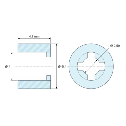 Plan coté 4,7 mm, Entretoise lisse auto-retenue plastique polyamide PA6.6 naturel UL94-V2 Ø4x6,4mm pour vis M3,5