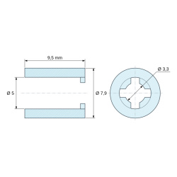 Plan coté 9,5 mm, Entretoise lisse auto-retenue plastique polyamide PA6.6 naturel UL94-V2 Ø5x7,9mm pour vis M5