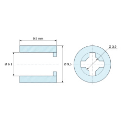 Plan coté 9,5 mm, Entretoise lisse auto-retenue plastique polyamide PA6.6 naturel UL94-V2 Ø6,1x9,5mm pour vis M6