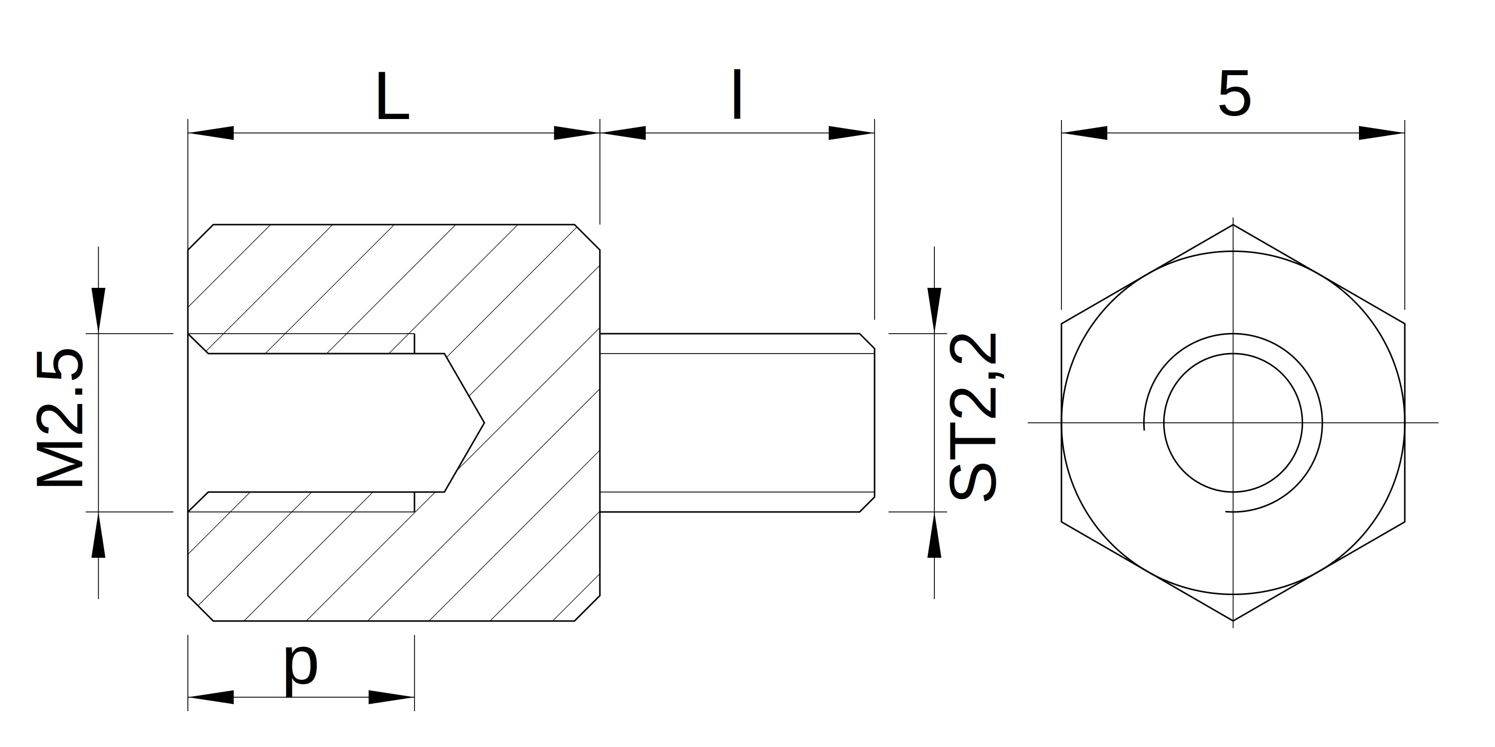 Plano acotado Separador hexagonal roscado autorroscante acero cincado M2.5 - 5 mm entrecaras