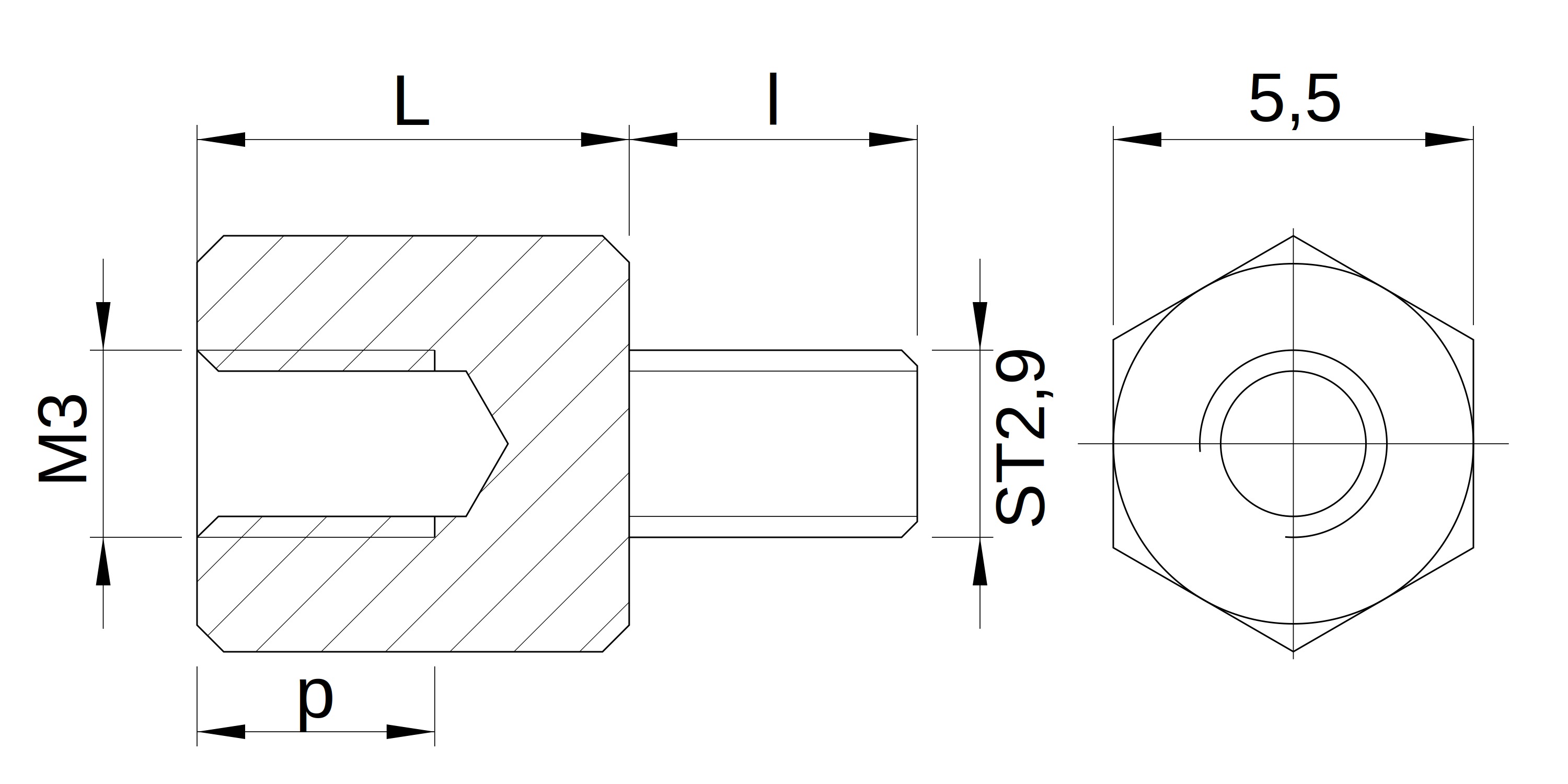 Plano acotado Separador hexagonal roscado autorroscante acero cincado M3 - 5,5 mm entrecaras