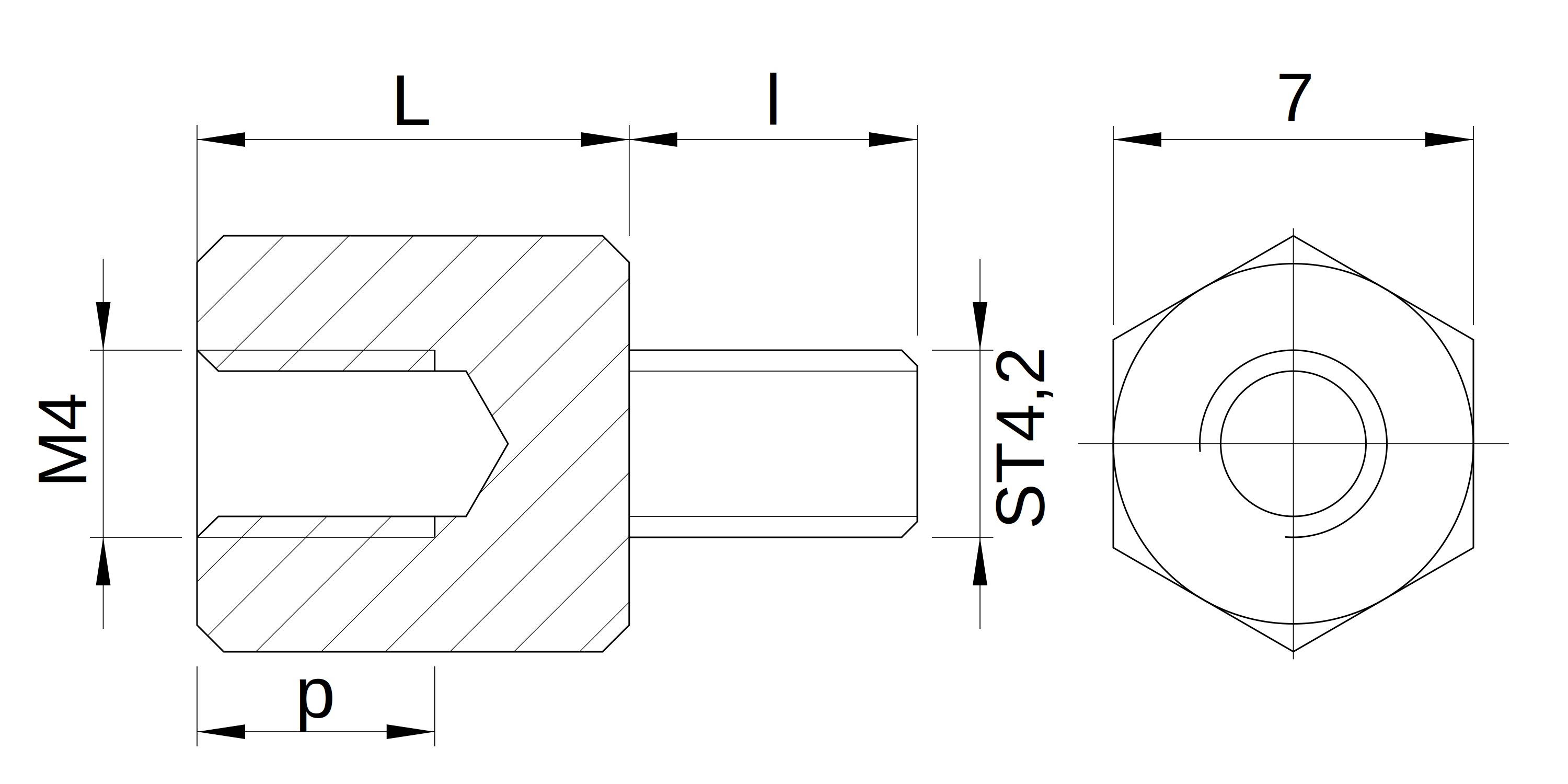 Plano acotado Separador hexagonal roscado autorroscante acero cincado M4 - 7 mm entrecaras