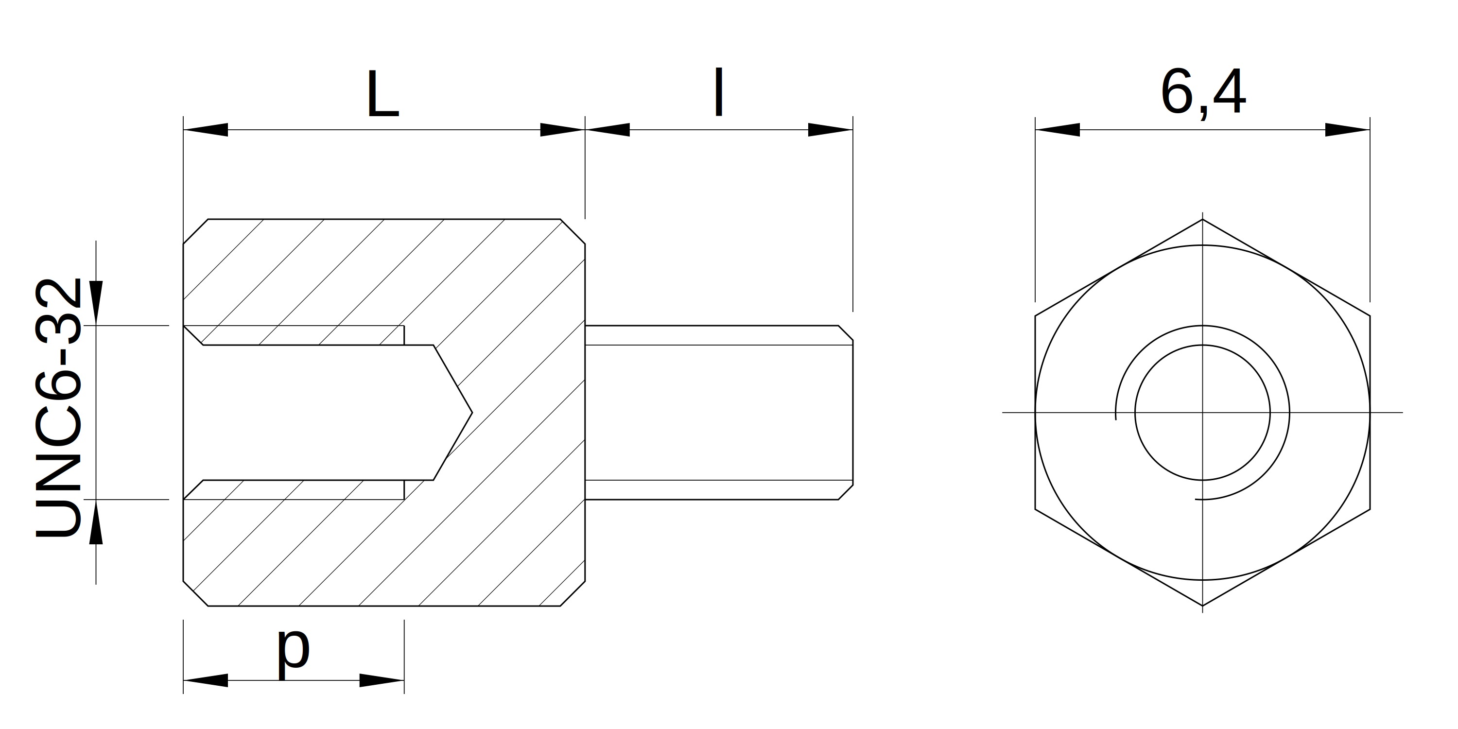 Plano acotado Separador hexagonal roscado macho/hembra aluminio UNC6-32 - 6,4 mm entrecaras Plano acotado Separador hexagonal roscado macho/hembra aluminio UNC6-32 - 6,4 mm entrecaras