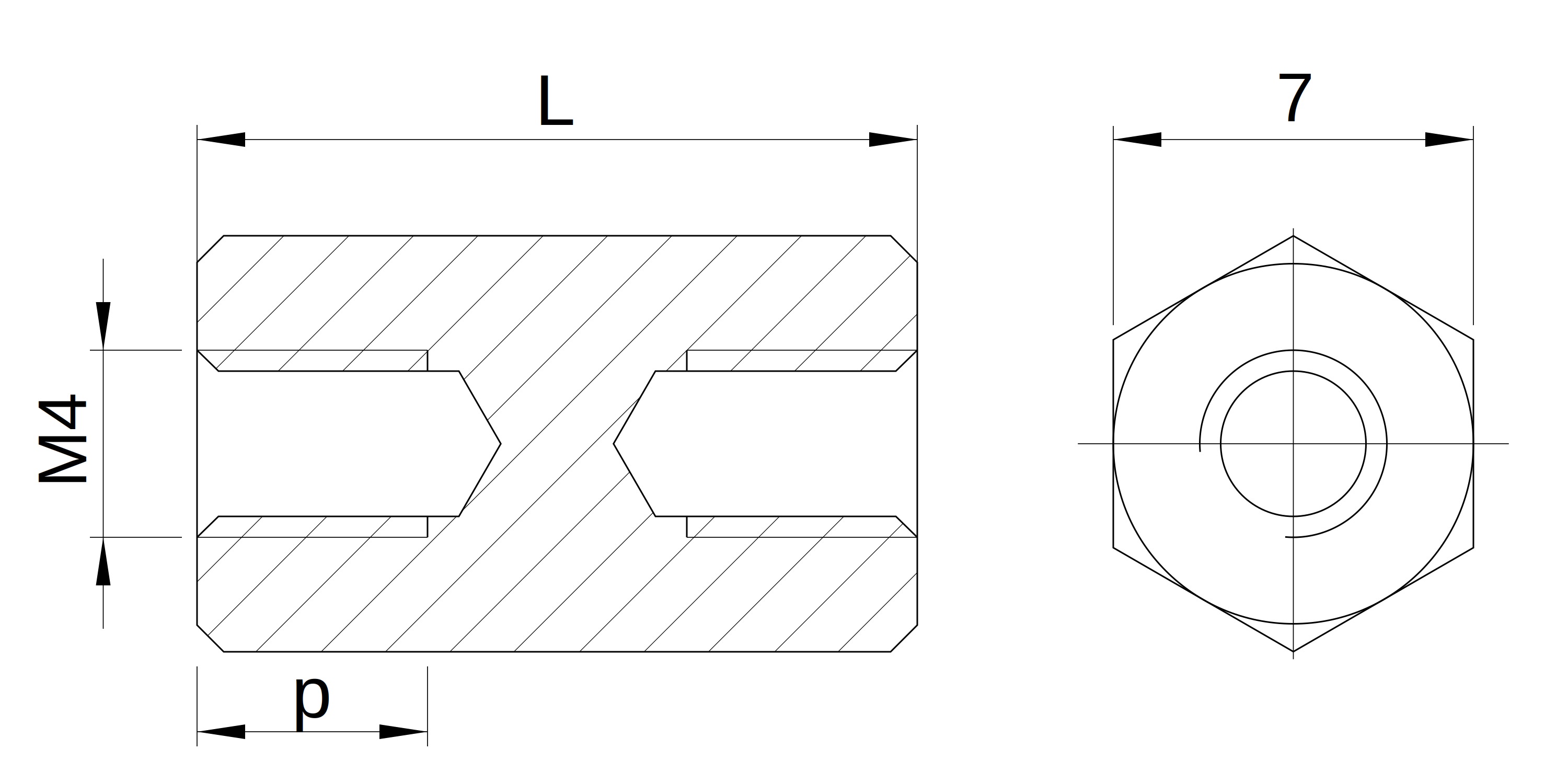 Plano acotado Separador hexagonal roscado hembra/hembra aluminio pasivado M4 - 7 mm entrecaras