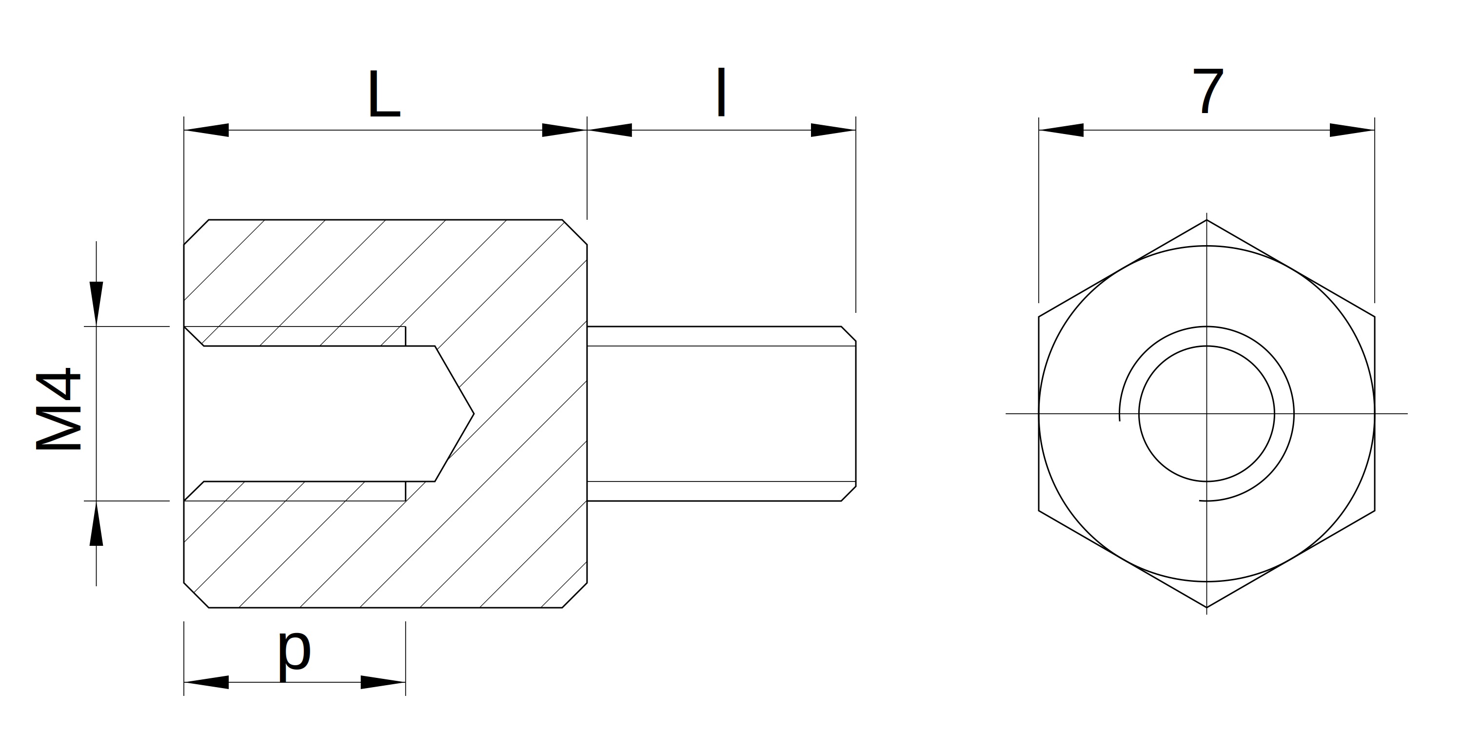 Plano acotado Separador hexagonal roscado macho/hembra aluminio pasivado M4 - 7 mm entrecaras