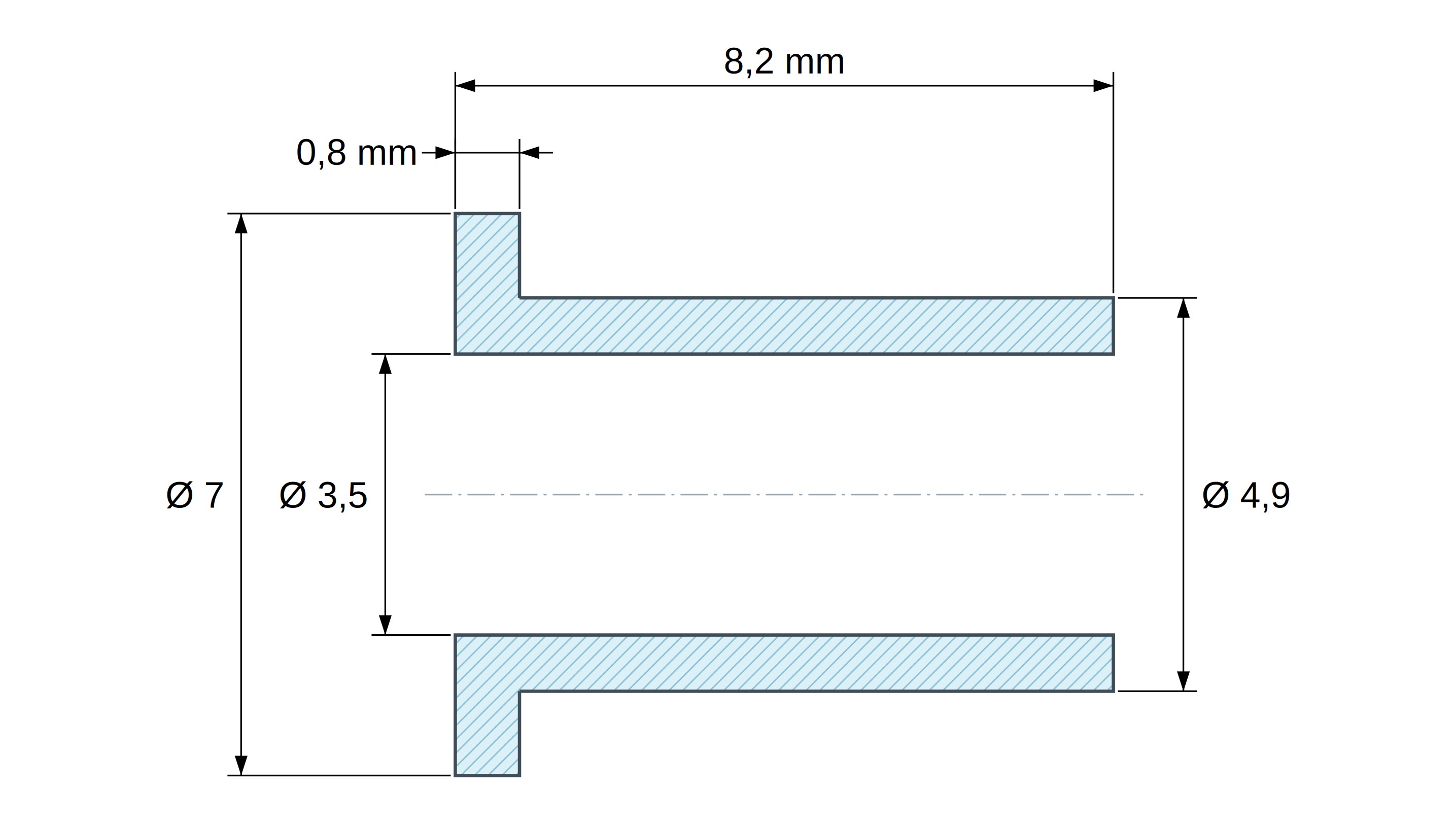 Plan coté Douille isolante à collerette Ø3,5x7mm, épaulement haut Ø4,9mm, polyamide PA6.6 renforcé fibre de verre noir UL94-HB