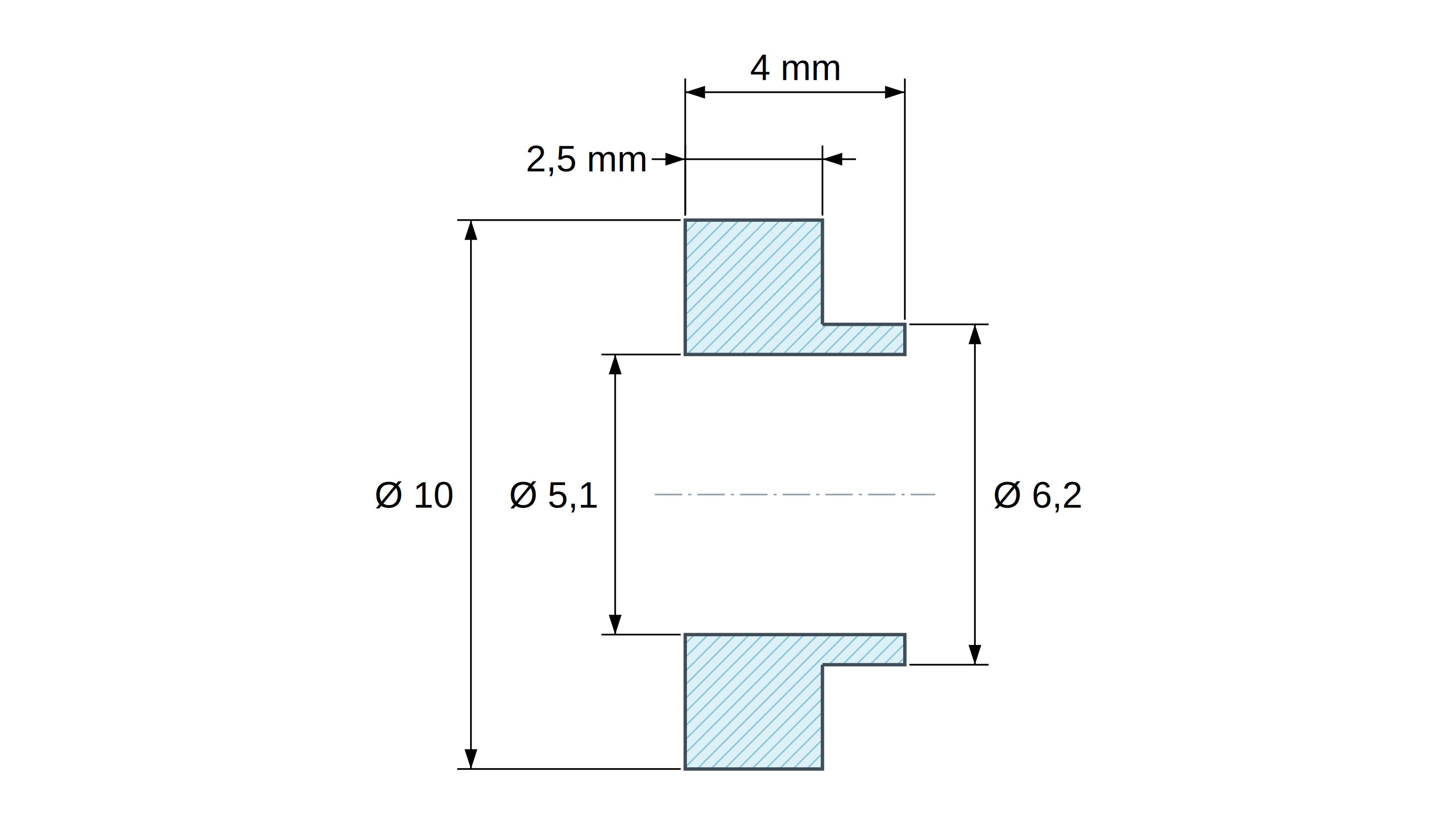 Plan coté Douille isolante à collerette Ø5,1x10mm, épaulement haut Ø6,2mm, polyamide PA6.6 renforcé fibre de verre noir UL94-HB