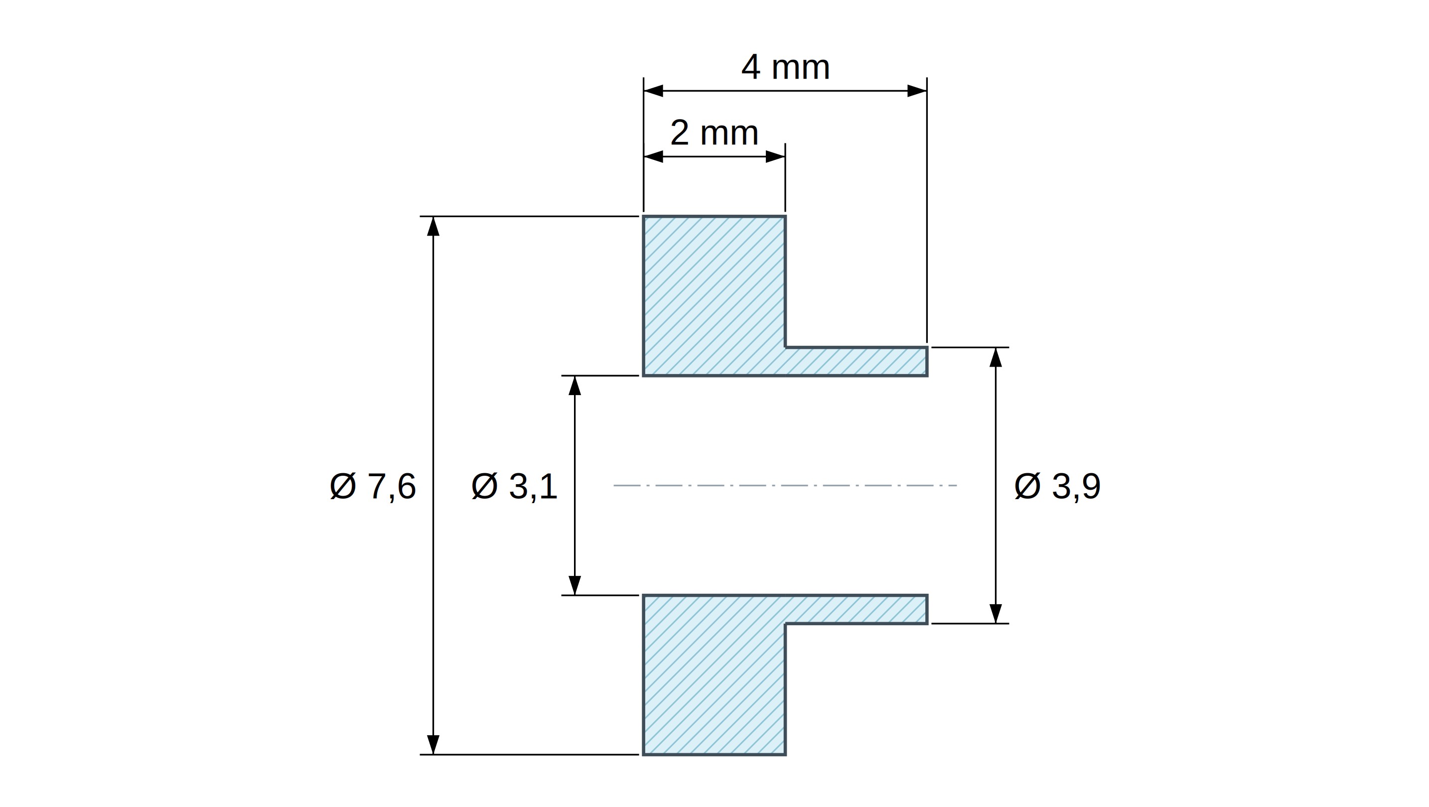 Plan coté Douille isolante à collerette Ø3,1x7,6mm, épaulement haut Ø3,9mm, polyamide PA6.6 renforcé fibre de verre noir UL94-HB