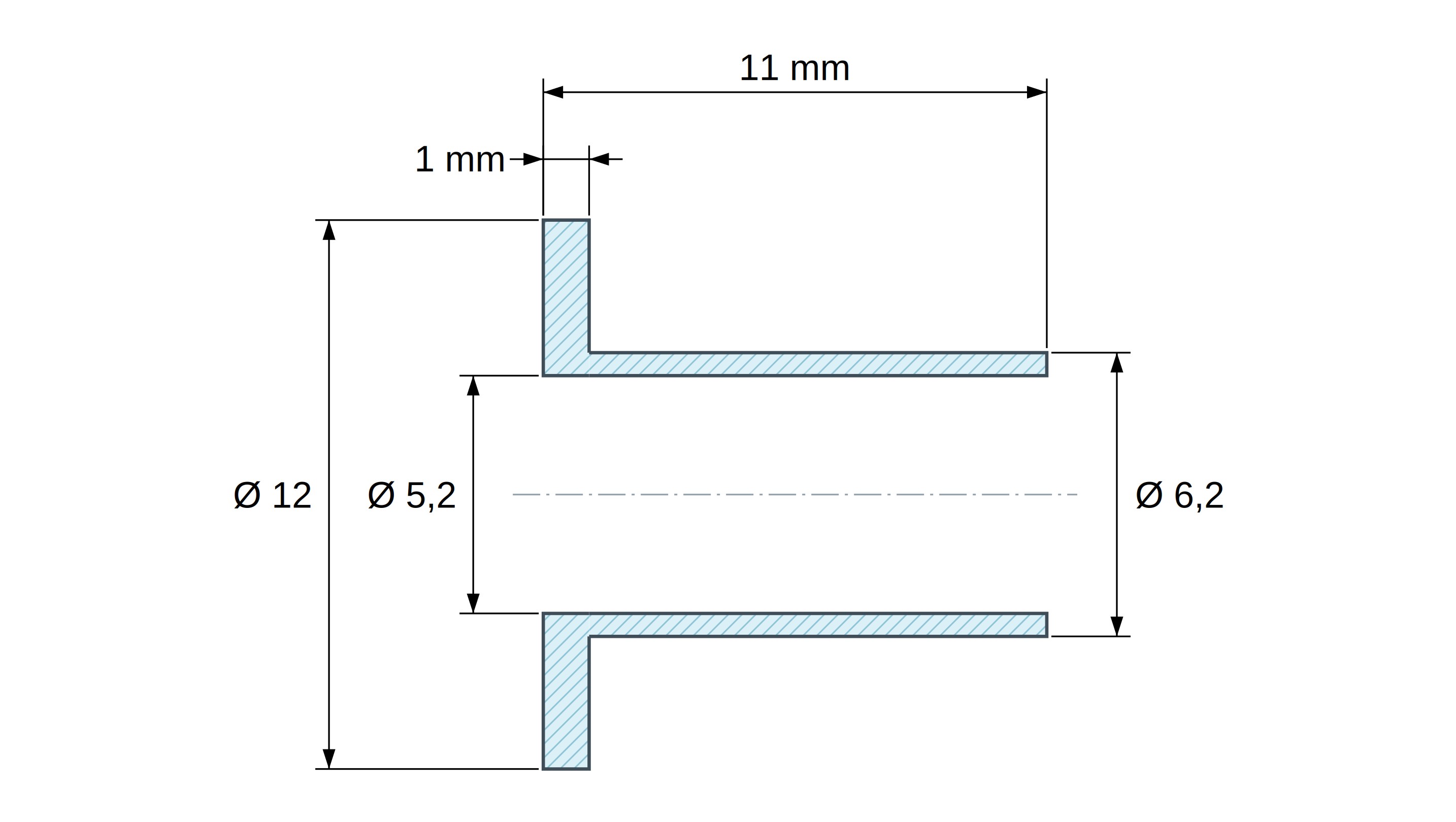 Plan coté Douille isolante à collerette Ø5,2x12mm, épaulement haut Ø6,2mm, polyamide PA6.6 renforcé fibre de verre noir UL94-HB
