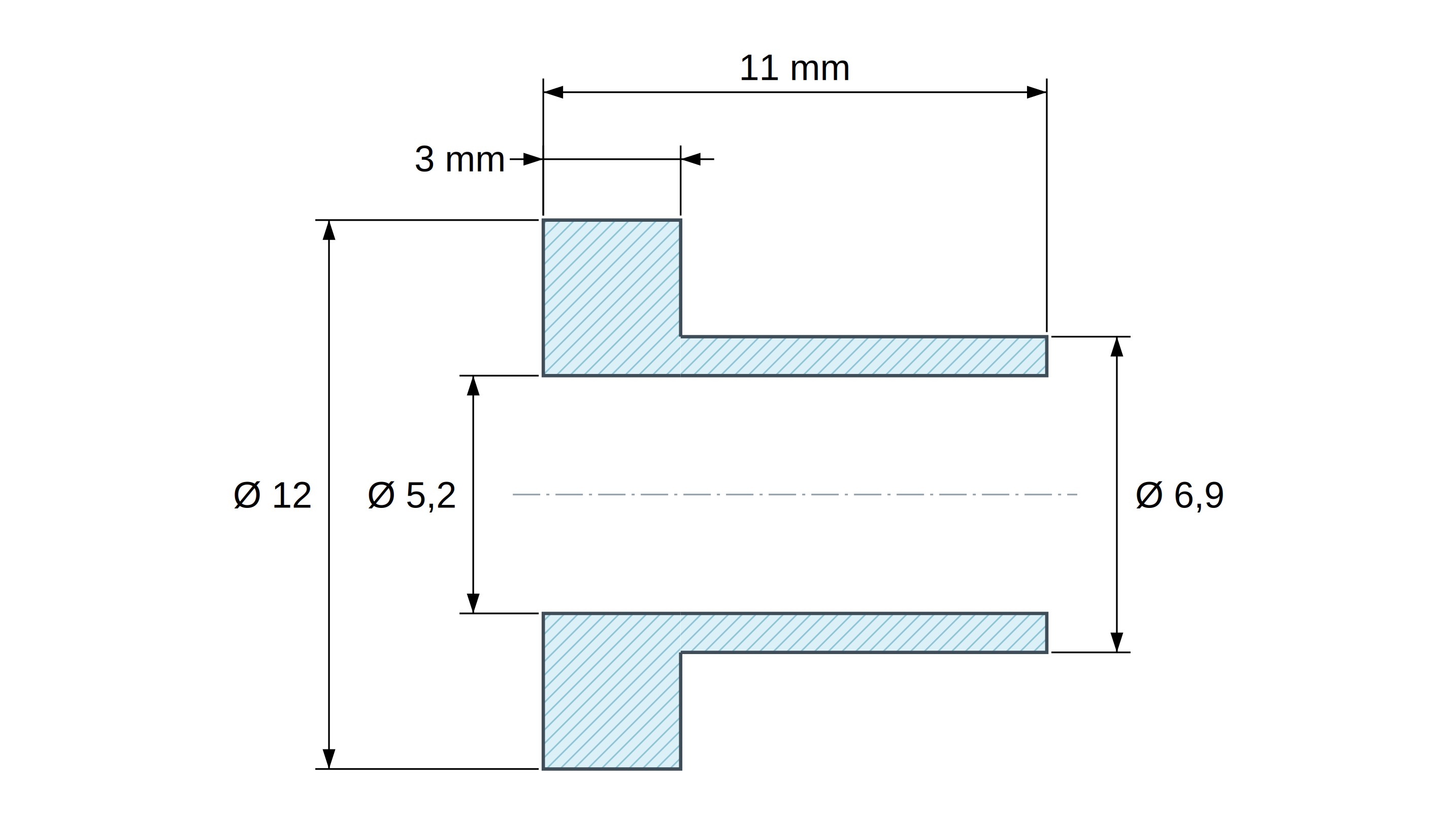 Plan coté Douille isolante à collerette Ø5,2x12mm, épaulement haut Ø6,9mm, polyamide PA6.6 renforcé fibre de verre noir UL94-HB Plan coté Douille isolante à collerette Ø5,2x12mm, épaulement haut Ø6,9mm, polyamide PA6.6 renforcé fibre de verre noir UL94-HB