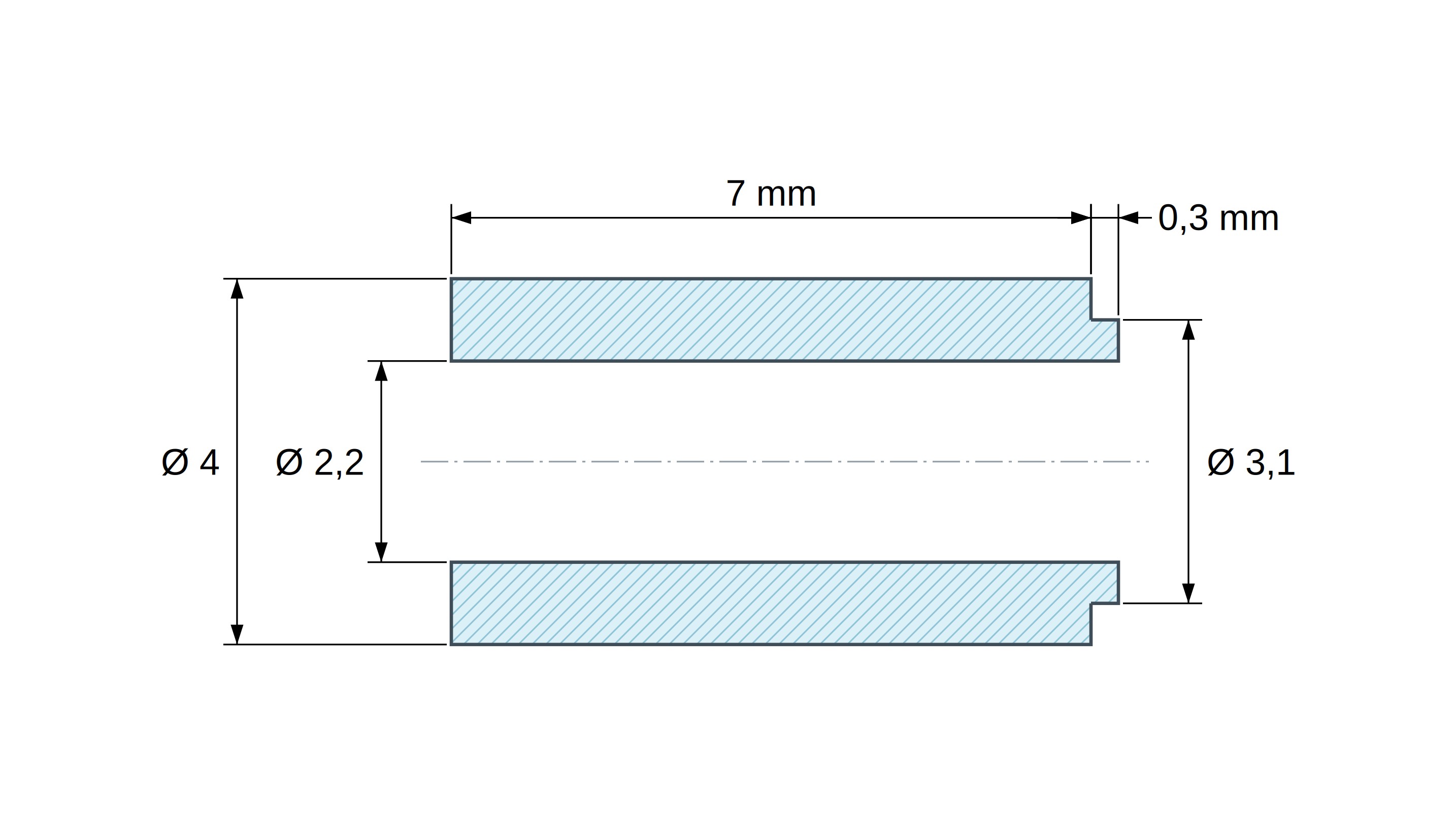 Plan coté Entretoise à épaulement Ø3,1x0,3mm plastique polyamide PA6 renforcé fibre de verre noir UL94-HB Ø2,2x4mm pour vis M2