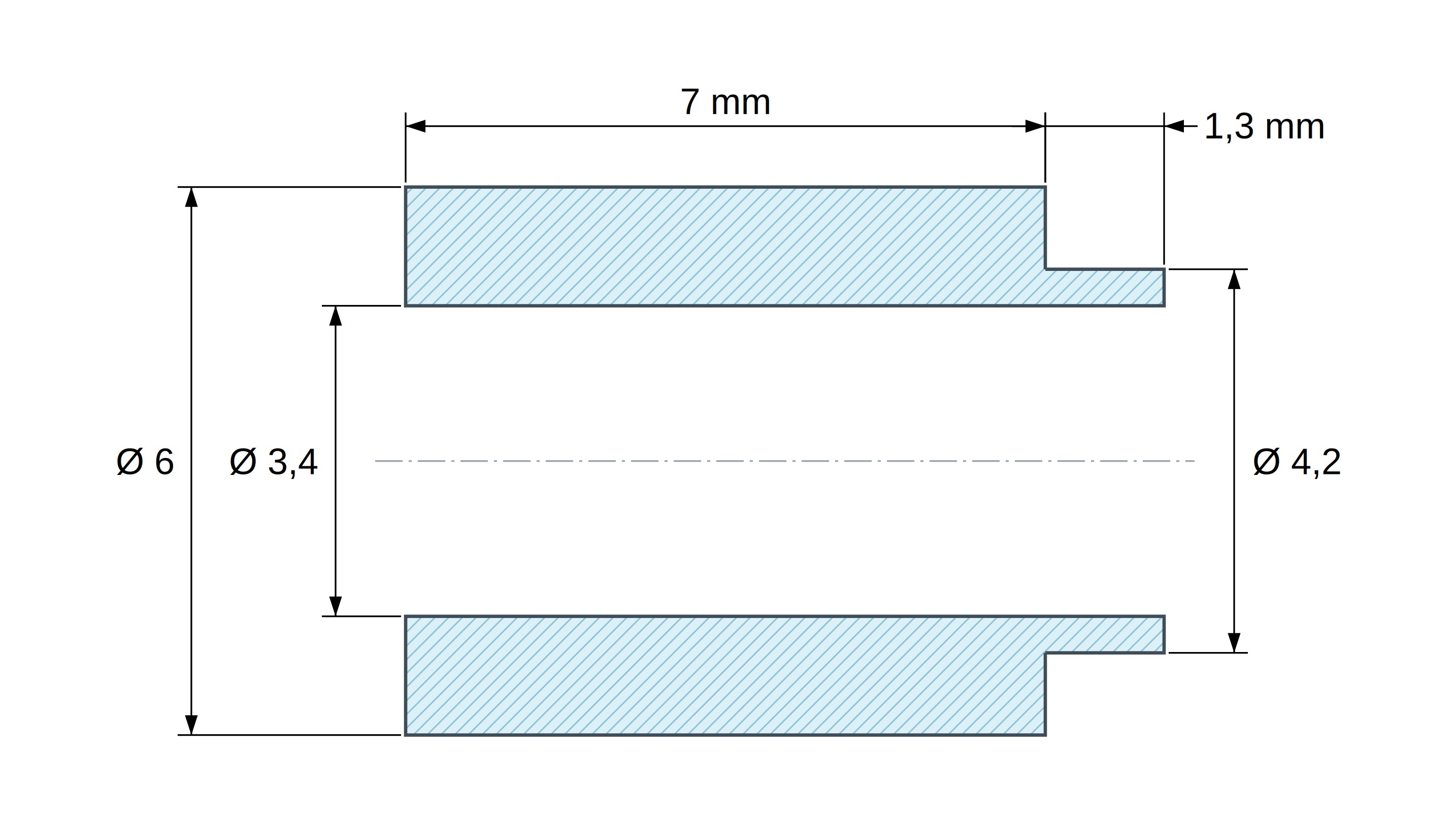 Plan coté Entretoise à épaulement Ø4,2x1,3mm plastique polyamide PA6 renforcé fibre de verre noir UL94-HB Ø3,4x6mm pour vis M3 Plan coté Entretoise à épaulement Ø4,2x1,3mm plastique polyamide PA6 renforcé fibre de verre noir UL94-HB Ø3,4x6mm pour vis M3