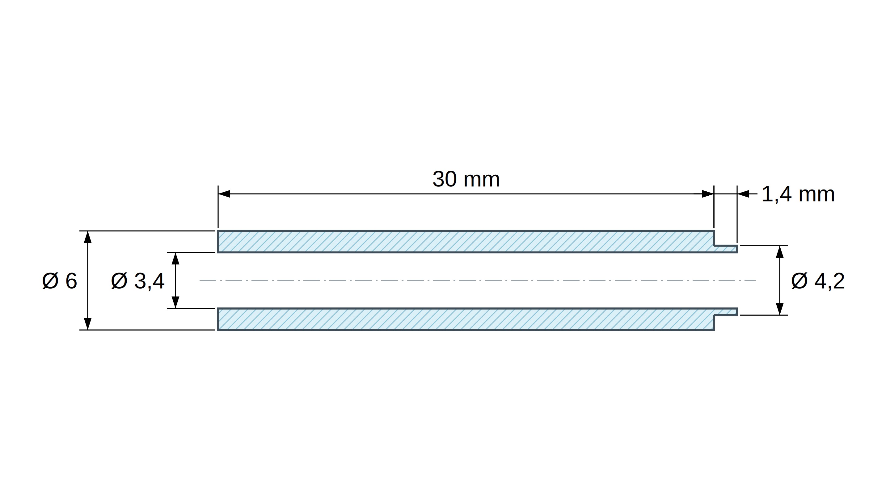 Plan coté Entretoise à épaulement Ø4,2x1,4mm plastique polyamide PA6 renforcé fibre de verre noir UL94-HB Ø3,4x6mm pour vis M3 Plan coté Entretoise à épaulement Ø4,2x1,4mm plastique polyamide PA6 renforcé fibre de verre noir UL94-HB Ø3,4x6mm pour vis M3