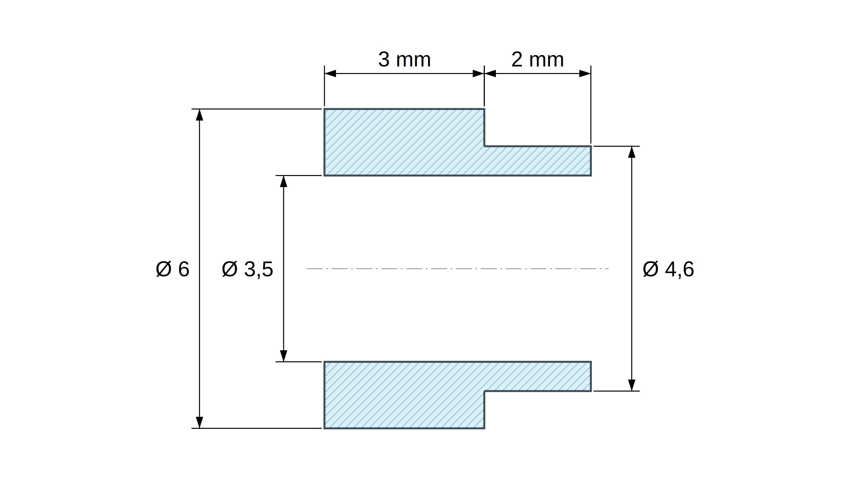Plan coté Entretoise à épaulement Ø4,6x2mm plastique polyamide PA6 renforcé fibre de verre noir UL94-HB Ø3,5x6mm pour vis M3