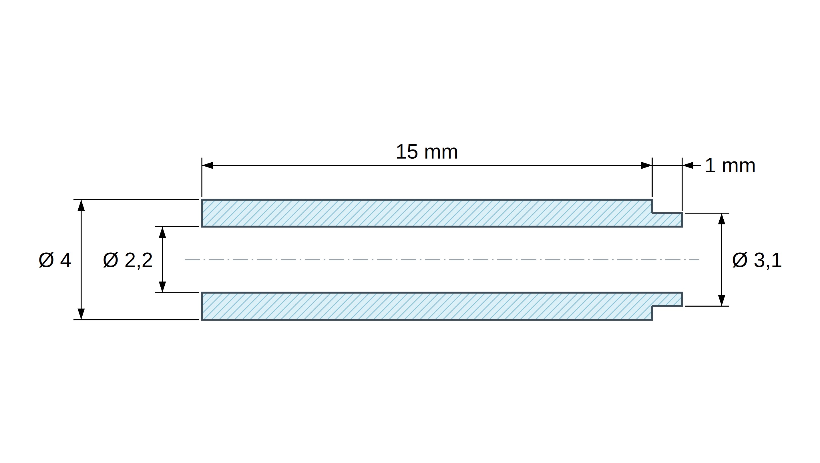 Plan coté Entretoise à épaulement Ø3,1x1mm plastique polyamide PA6 renforcé fibre de verre noir UL94-HB Ø2,2x4mm pour vis M2