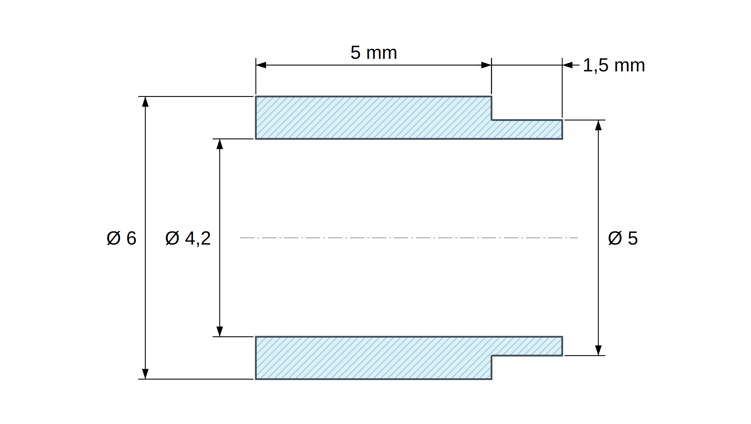 Plan coté Entretoise à épaulement Ø5x1,5mm plastique polyamide PA6 renforcé fibre de verre noir UL94-HB Ø4,2x6mm pour vis M4