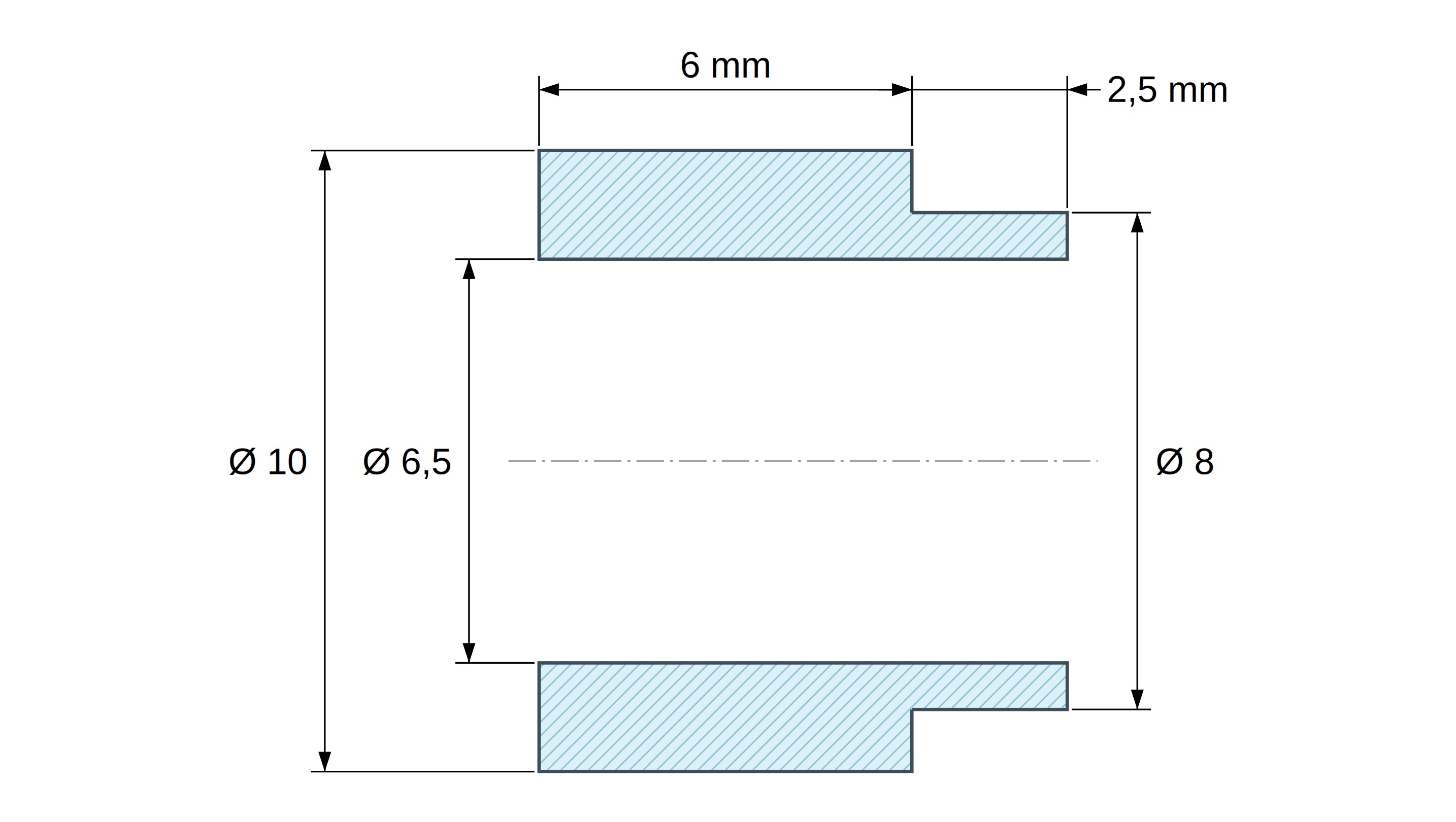 Plan coté Entretoise à épaulement Ø8x2,5mm plastique polyamide PA6 renforcé fibre de verre noir UL94-HB Ø6,5x10mm pour vis M6