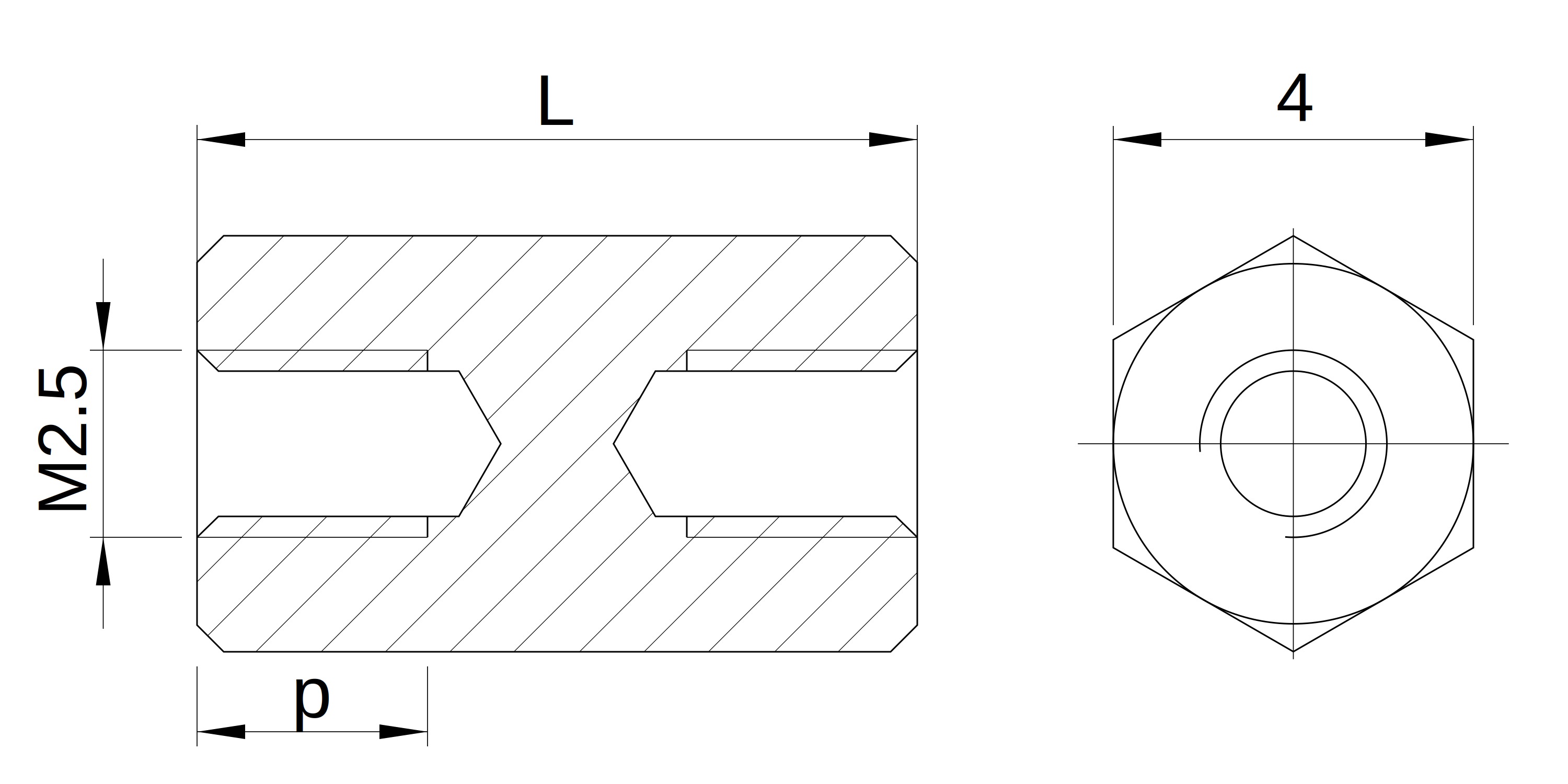 Plano acotado Separador hexagonal roscado hembra/hembra acero inoxidable M2.5 - 4 mm entrecaras