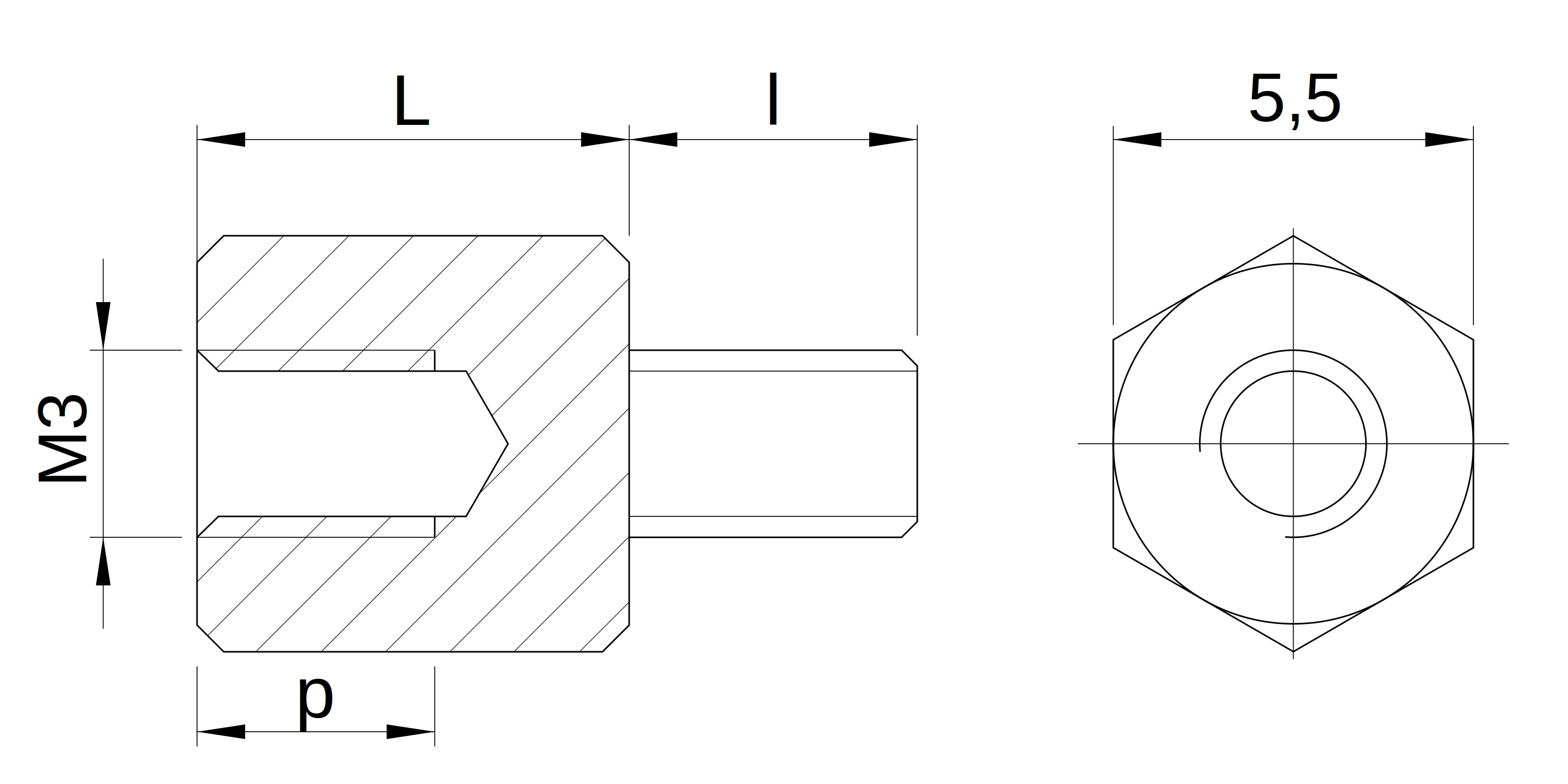 Plano acotado Separador hexagonal roscado macho/hembra acero inoxidable M3 - 5,5 mm entrecaras
