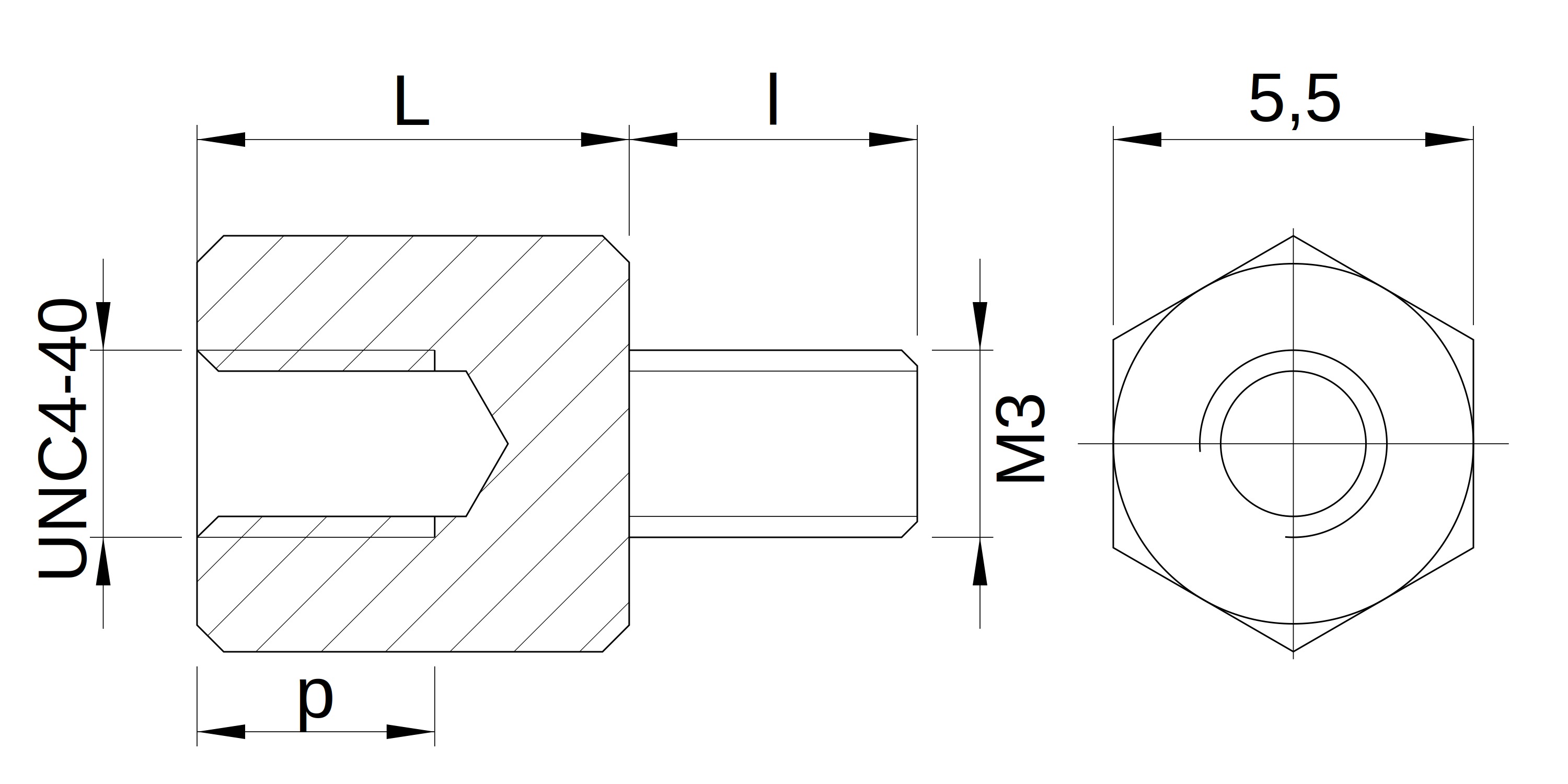 Plano acotado Separador hexagonal roscado macho/hembra acero inoxidable UNC4-40 - 5,5 mm entrecaras