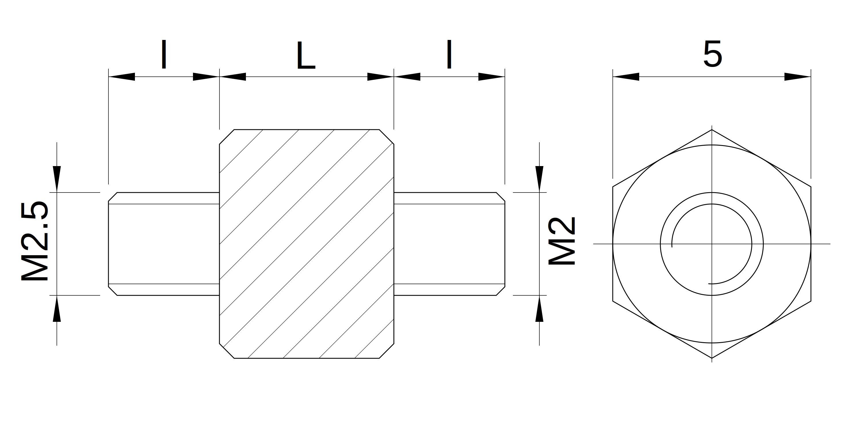 Plano acotado Separador hexagonal roscado macho/macho acero inoxidable M2.5 - 5 mm entrecaras