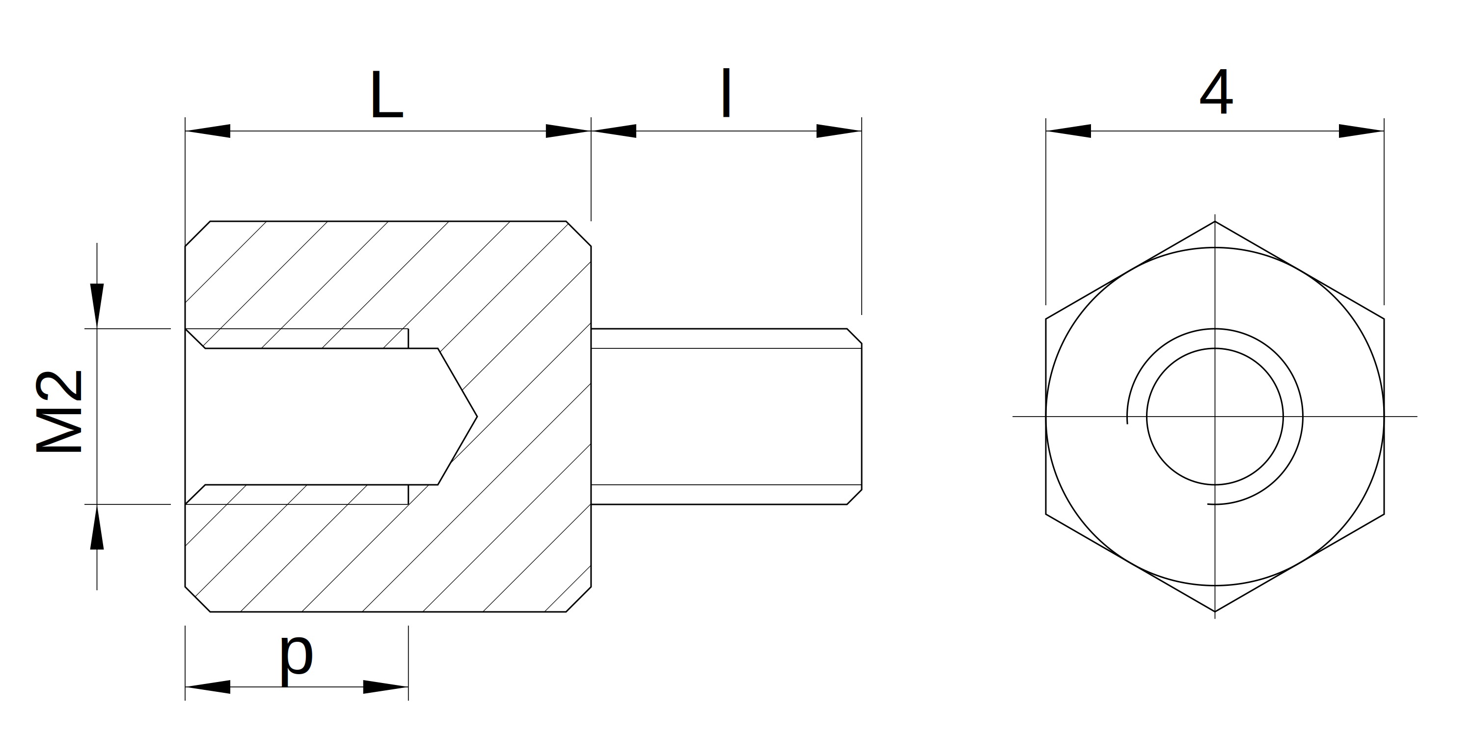 Plano acotado Separador hexagonal roscado macho/hembra latón niquelado M2 - 4 mm entrecaras
