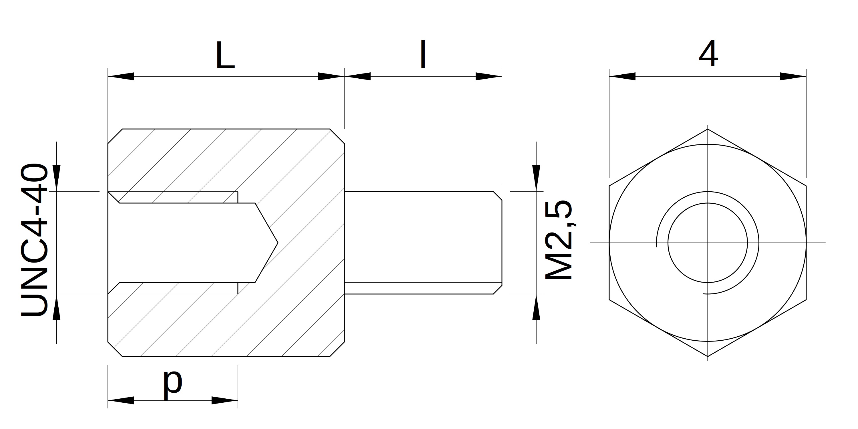 Plano acotado Separador hexagonal roscado macho/hembra latón niquelado UNC4-40 - 4 mm entrecaras