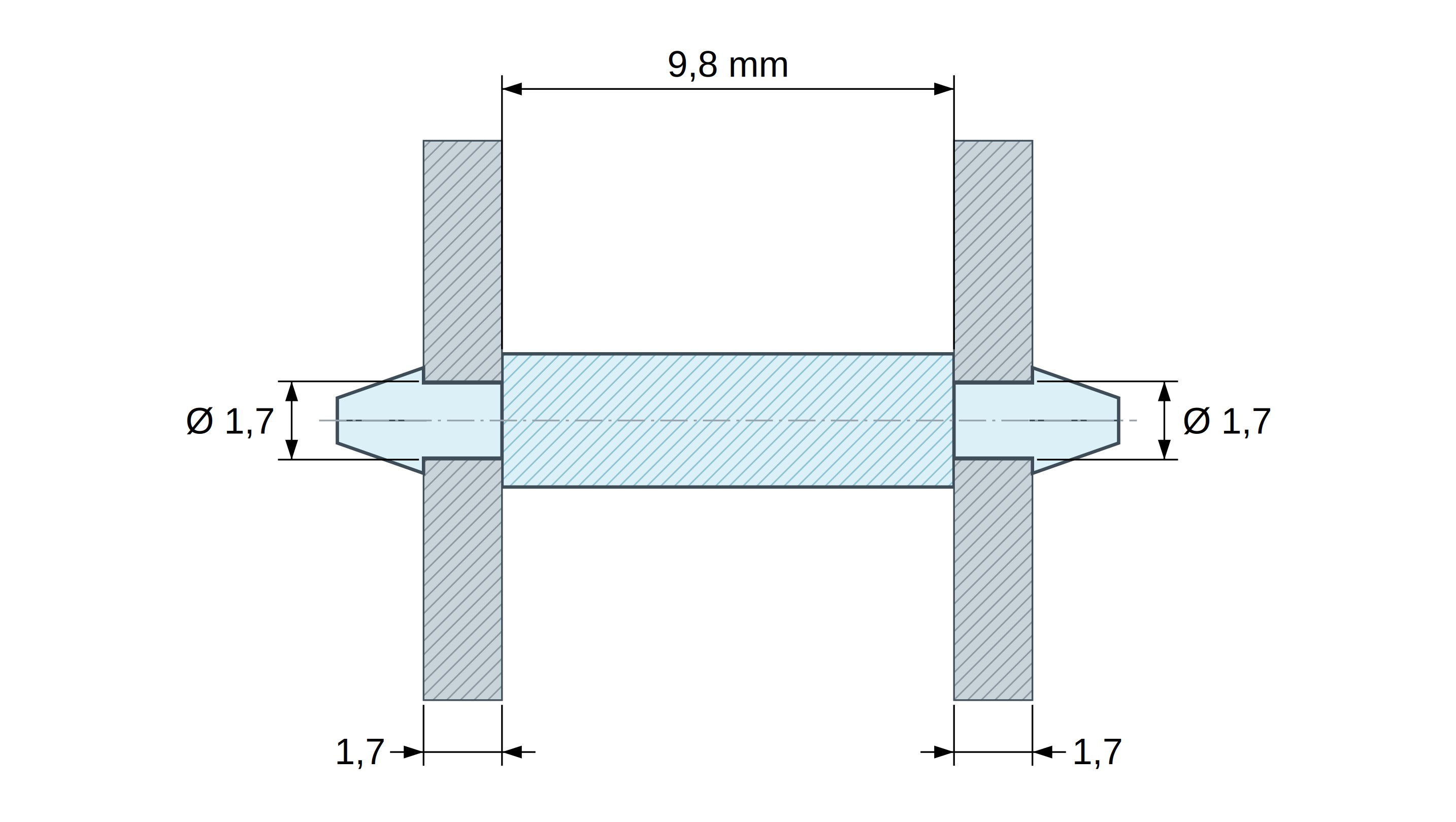 Plan coté Support de carte à clipser des deux côtés, polyamide PA6.6 naturel UL94-V2, trou de carte Ø1,7 mm, carte 1,7 mm Plan coté Support de carte à clipser des deux côtés, polyamide PA6.6 naturel UL94-V2, trou de carte Ø1,7 mm, carte 1,7 mm