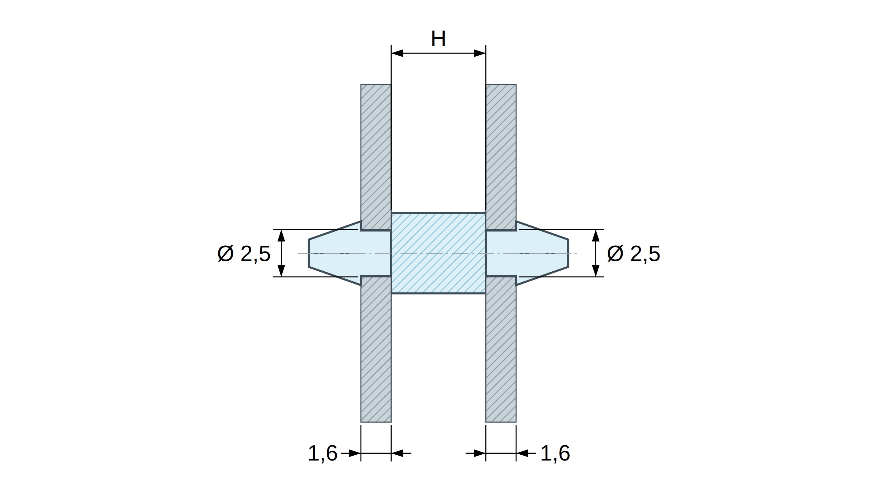 Plan coté Support de carte à clipser des deux côtés, polyamide PA6.6 naturel UL94-V2, trou de carte Ø2,5 mm, carte 1,6 mm