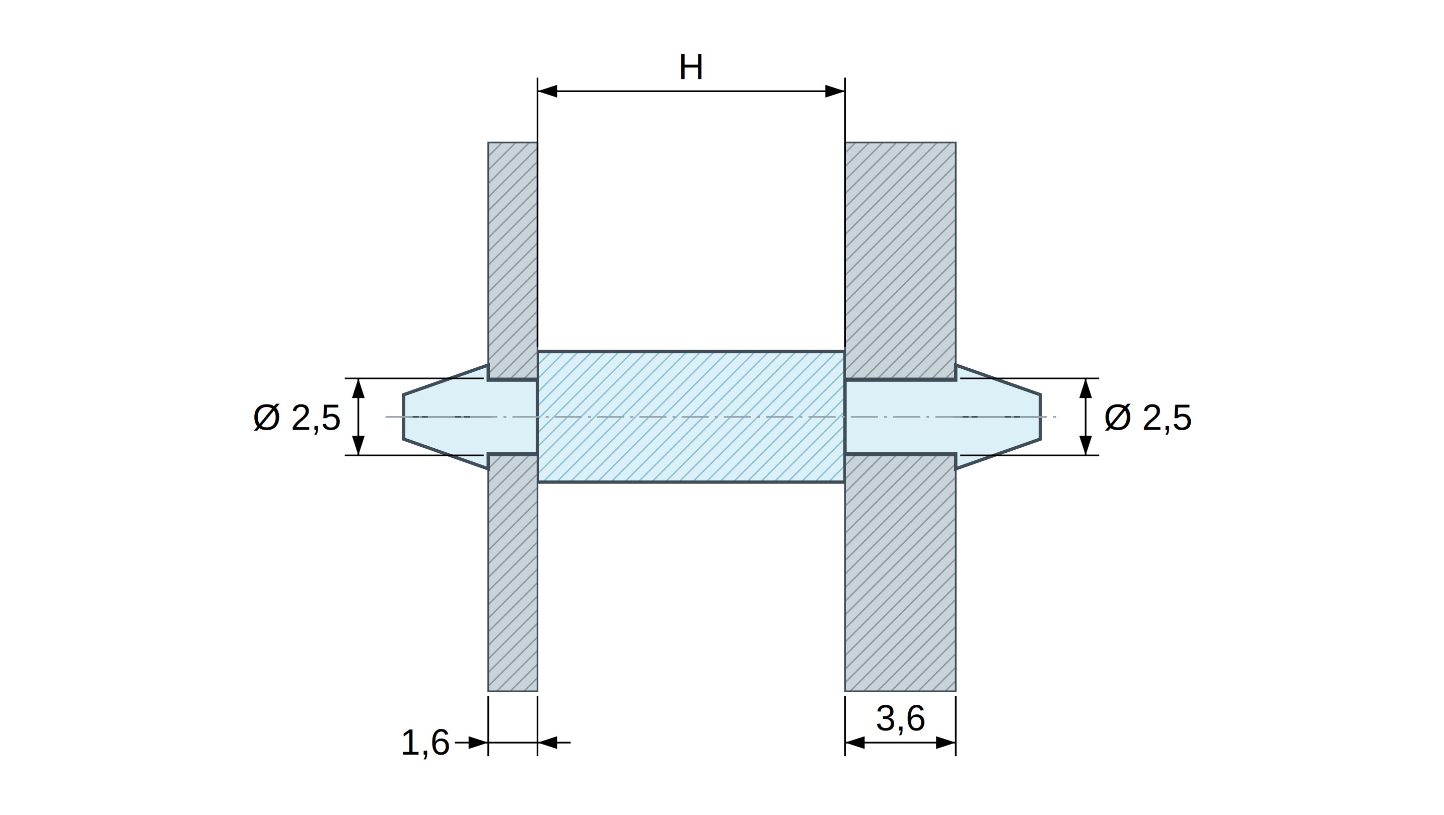 Plan coté Support de carte à clipser des deux côtés, polyamide PA6.6 naturel UL94-V2, carte Ø2,5 mm 1,6 mm / châssis Ø2,5 mm 3,6 mm