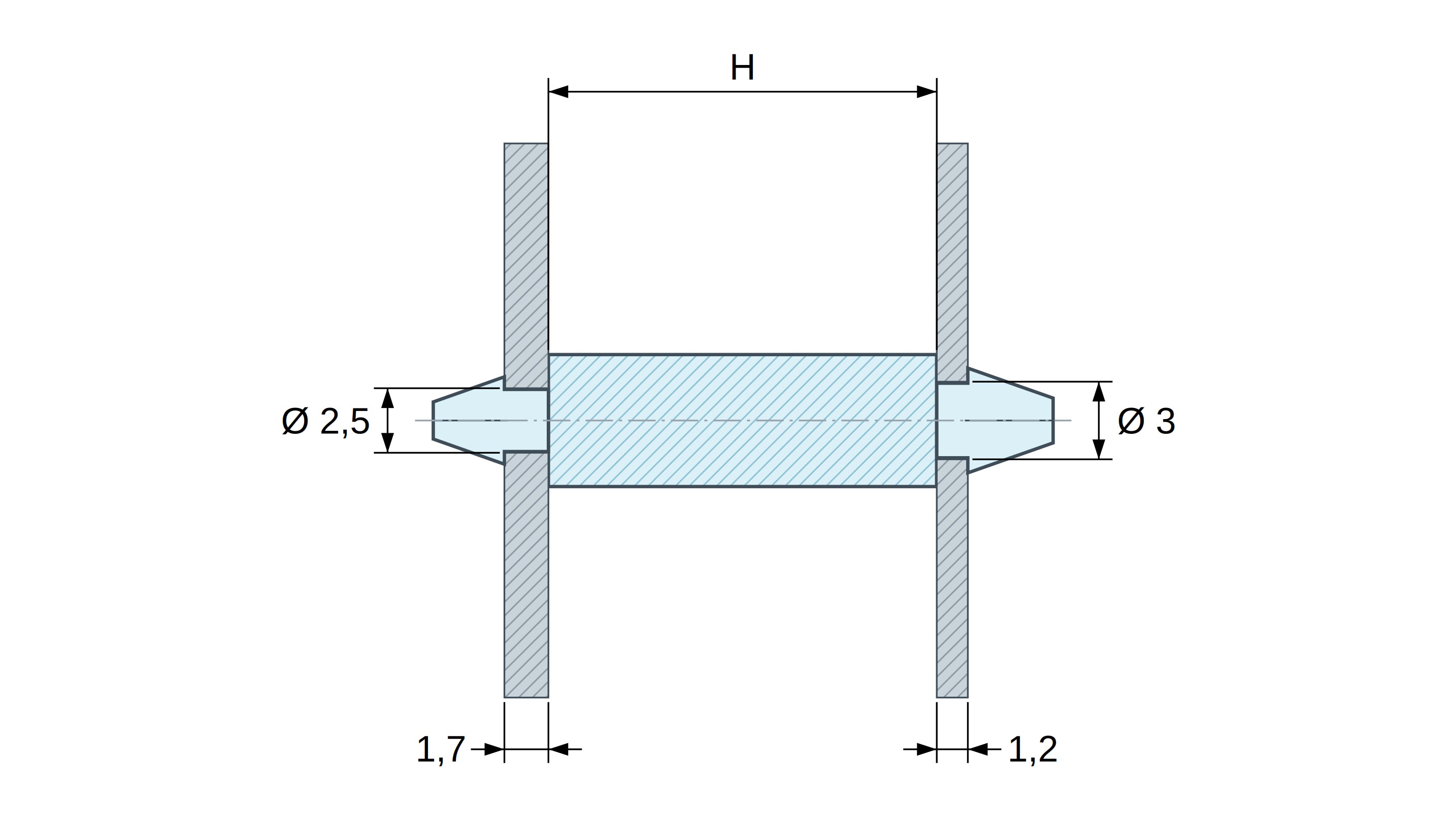 Plan coté Support de carte à clipser des deux côtés, polyamide PA6.6 noir UL94-HB, carte Ø2,5 mm 1,7 mm / châssis Ø3 mm 1,2 mm