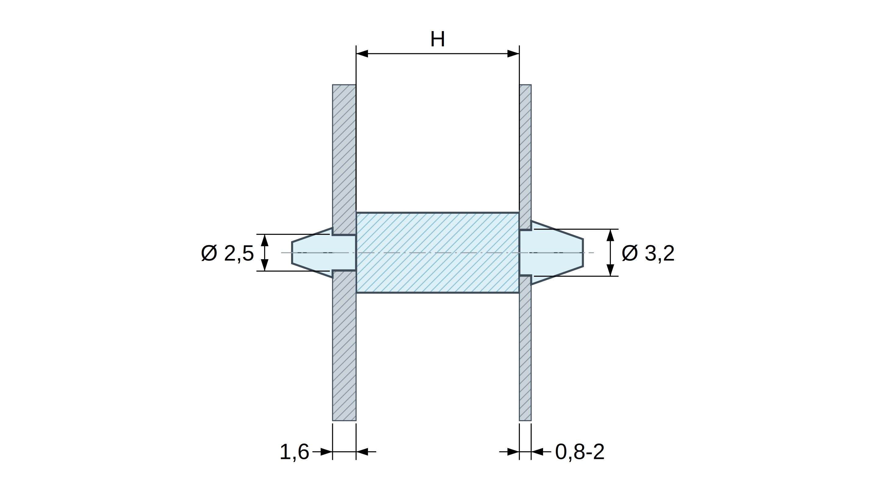 Plan coté Support de carte à clipser des deux côtés, polyamide PA6.6 naturel UL94-V2, carte Ø2,5 mm 1,6 mm / châssis Ø3,2 mm 0,8 à 2 mm Plan coté Support de carte à clipser des deux côtés, polyamide PA6.6 naturel UL94-V2, carte Ø2,5 mm 1,6 mm / châssis Ø3,2 mm 0,8 à 2 mm