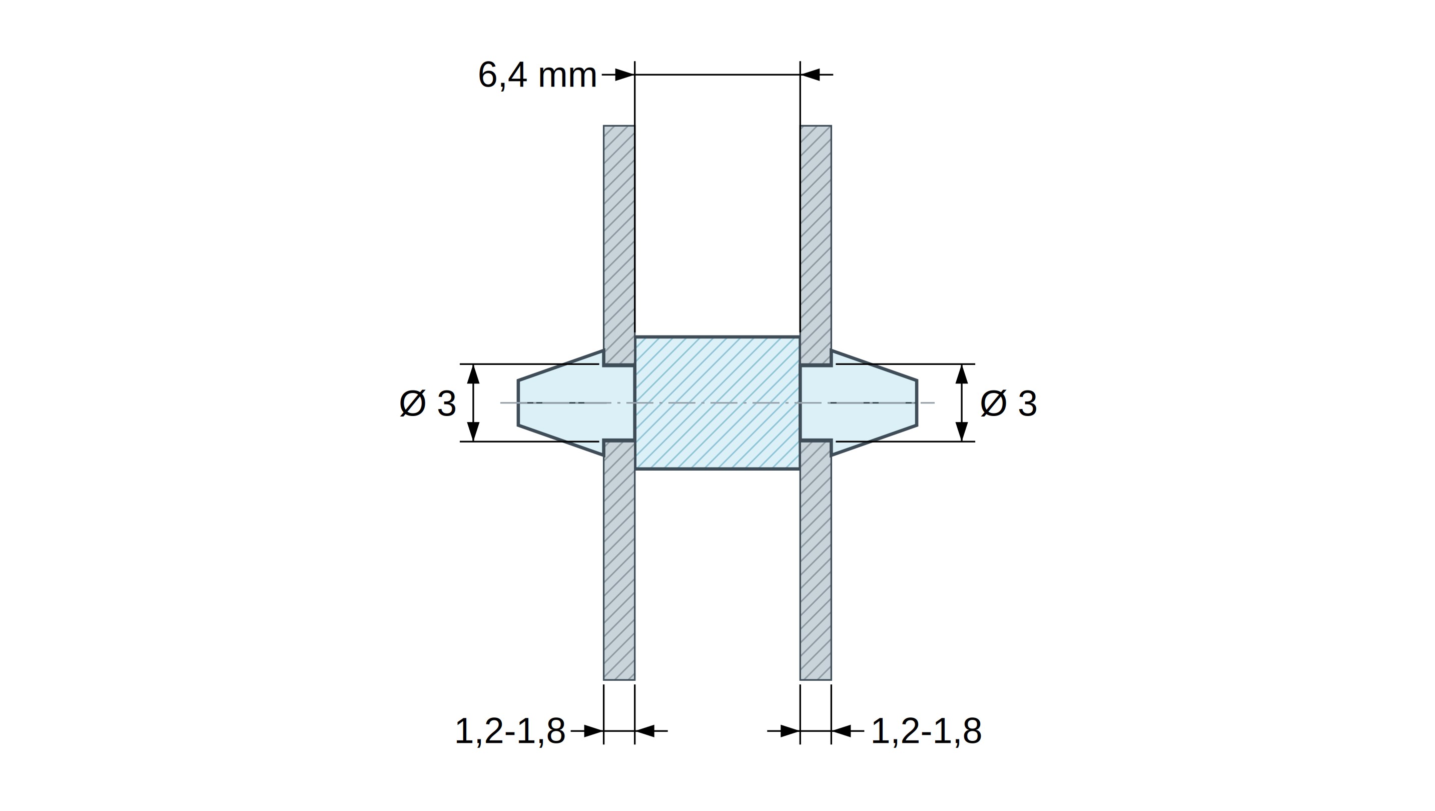 Plan coté Support de carte à clipser des deux côtés, polyamide PA6.6 noir UL94-V2, trou de carte Ø3 mm, carte 1,2 à 1,8 mm