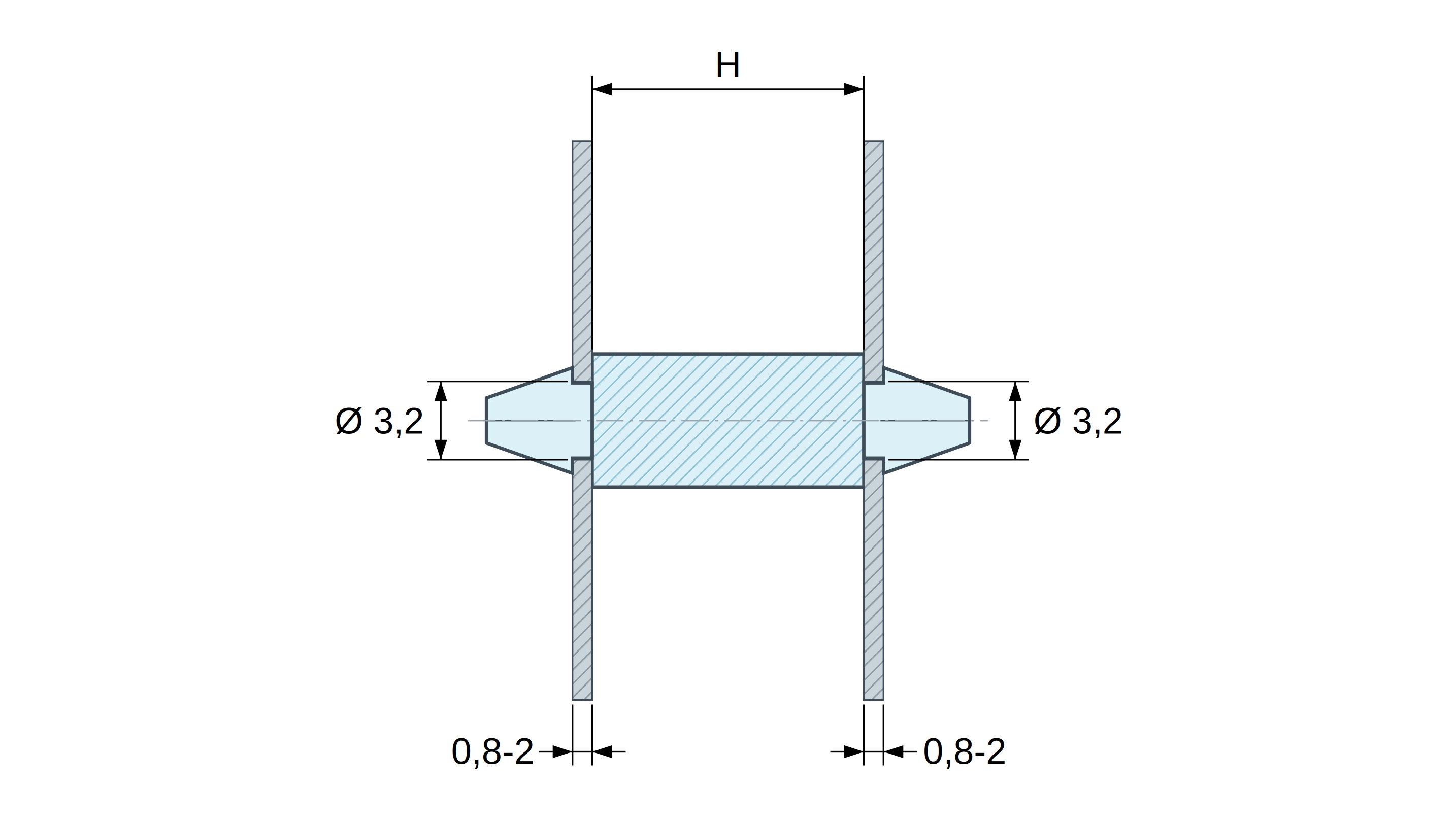 Plan coté Support de carte à clipser des deux côtés, polyamide PA6.6 naturel UL94-V2, trou de carte Ø3,2 mm, carte 0,8 à 2 mm
