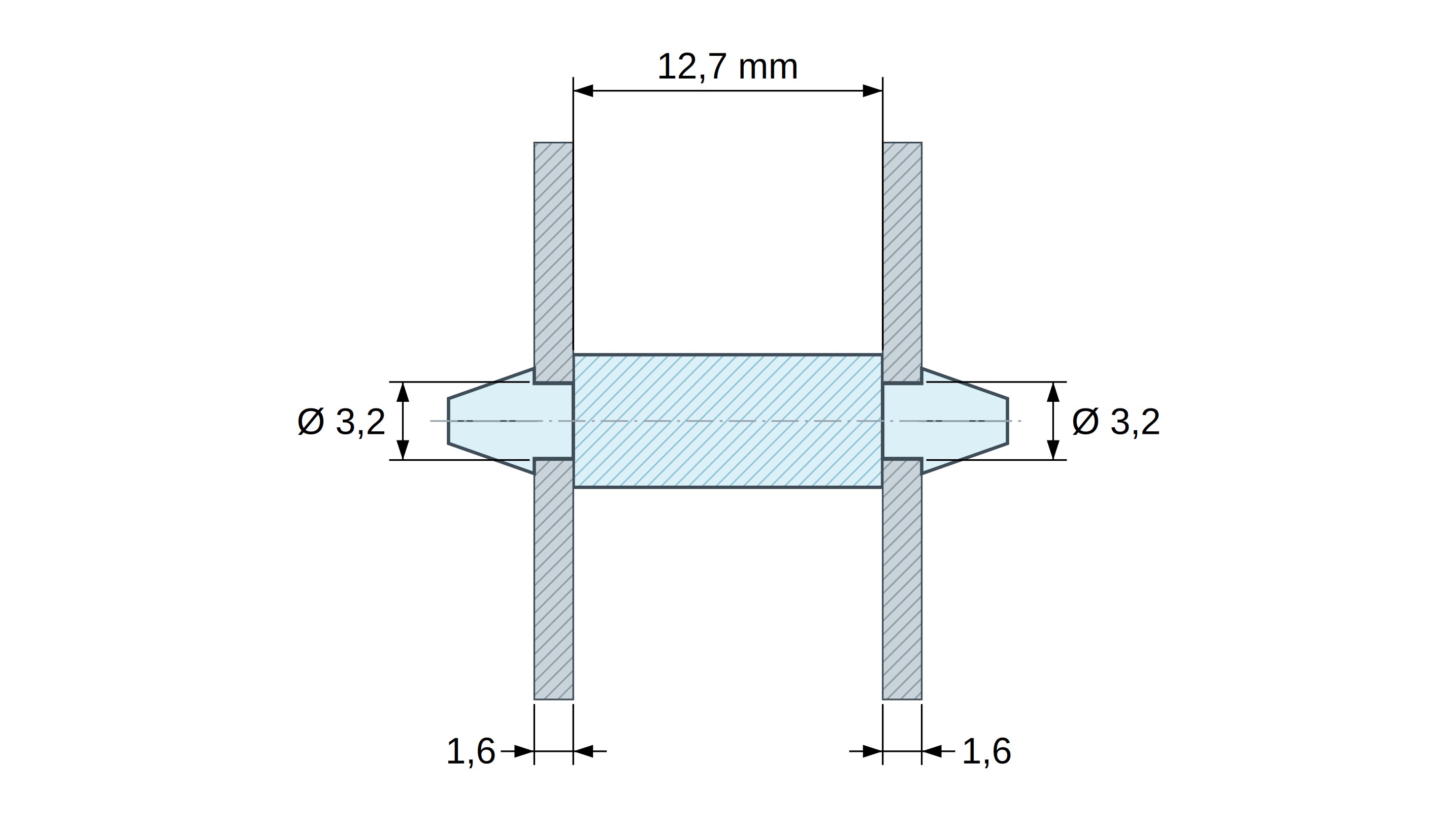 Plan coté Support de carte à clipser des deux côtés, polyamide PA6.6 naturel UL94-V0, trou de carte Ø3,2 mm, carte 1,6 mm Plan coté Support de carte à clipser des deux côtés, polyamide PA6.6 naturel UL94-V0, trou de carte Ø3,2 mm, carte 1,6 mm