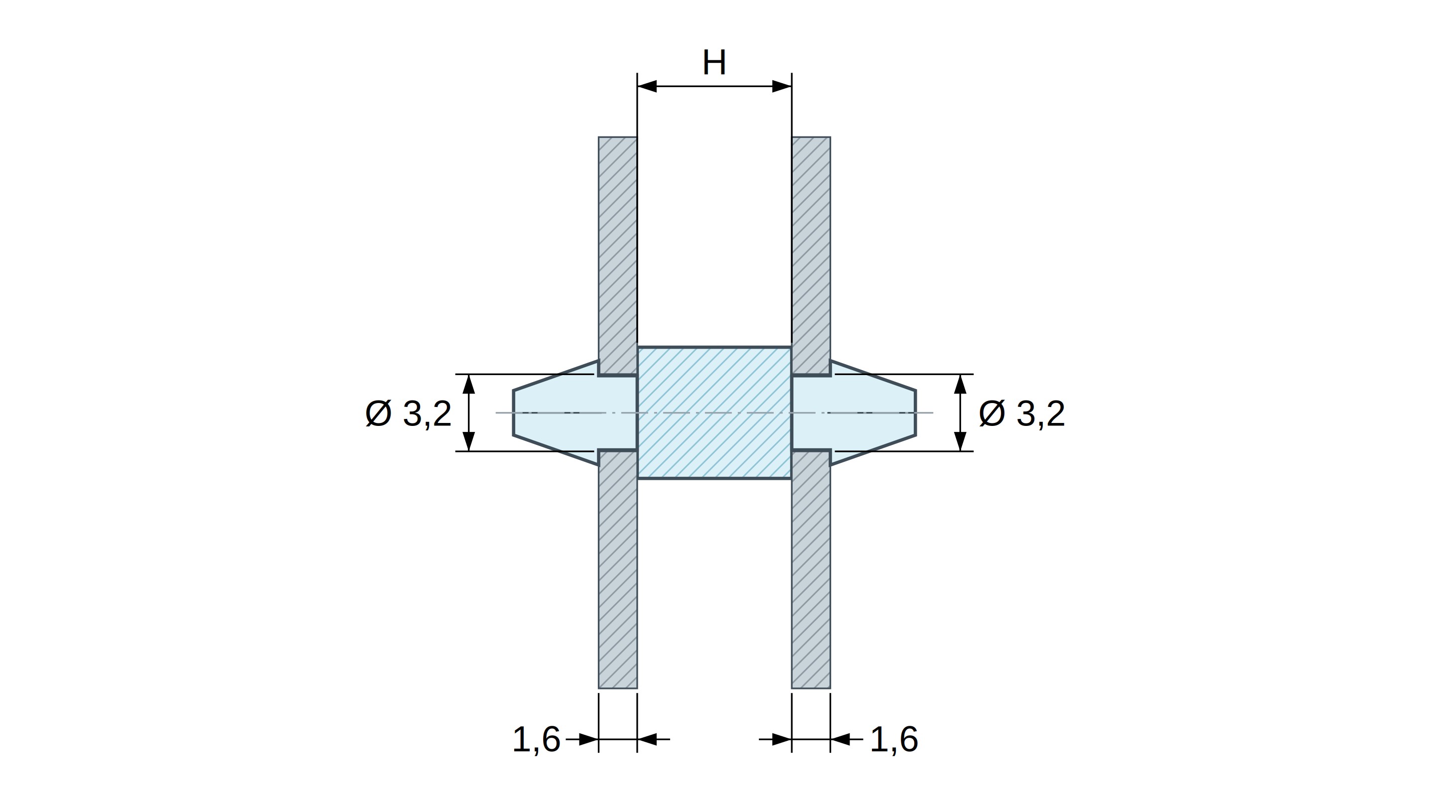Plan coté Support de carte à clipser des deux côtés, polyamide PA6.6 naturel UL94-V2, trou de carte Ø3,2 mm, carte 1,6 mm