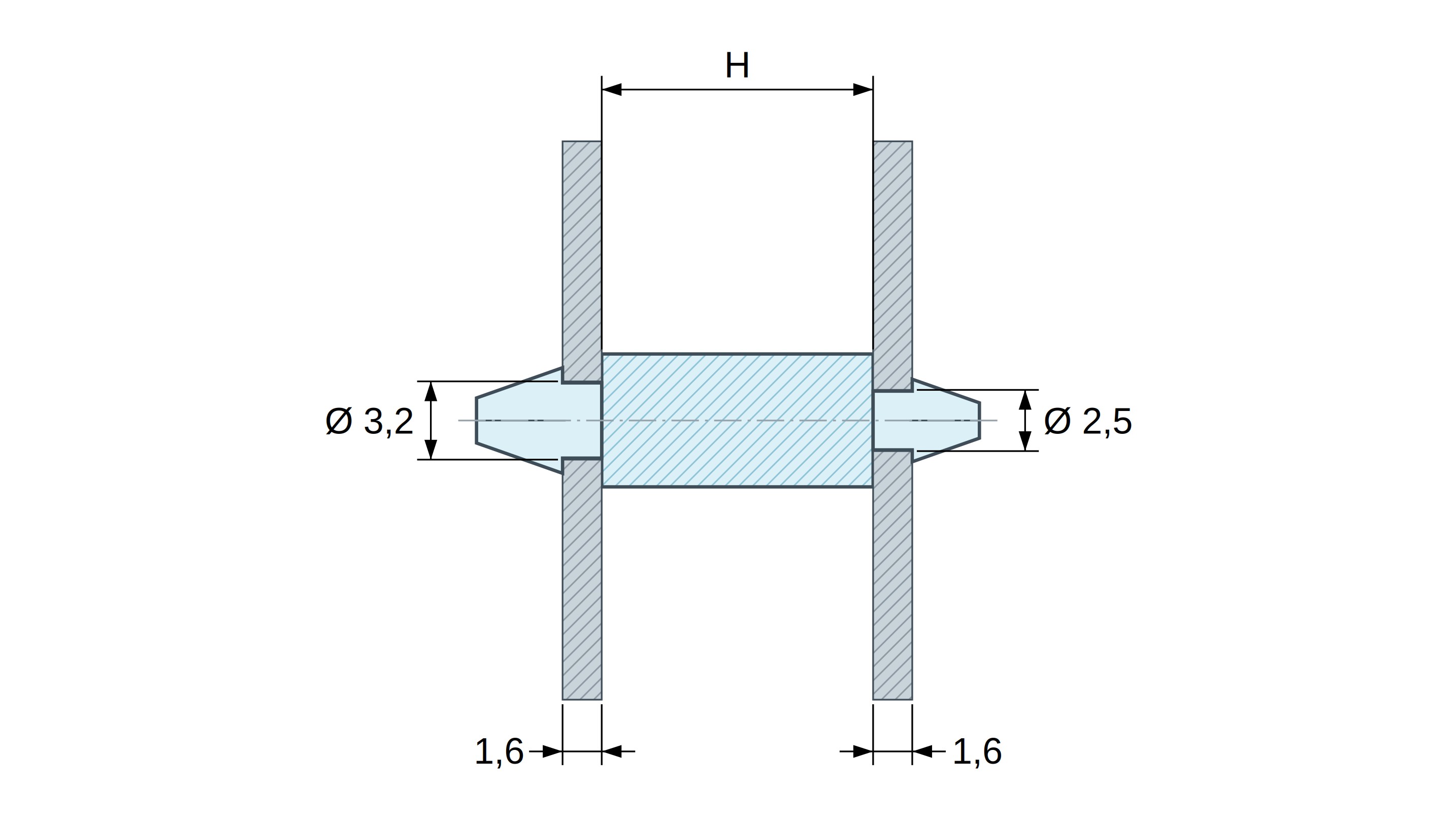 Plan coté Support de carte à clipser des deux côtés, polyamide PA6.6 naturel UL94-V2, carte Ø3,2 mm 1,6 mm / châssis Ø2,5 mm 1,6 mm