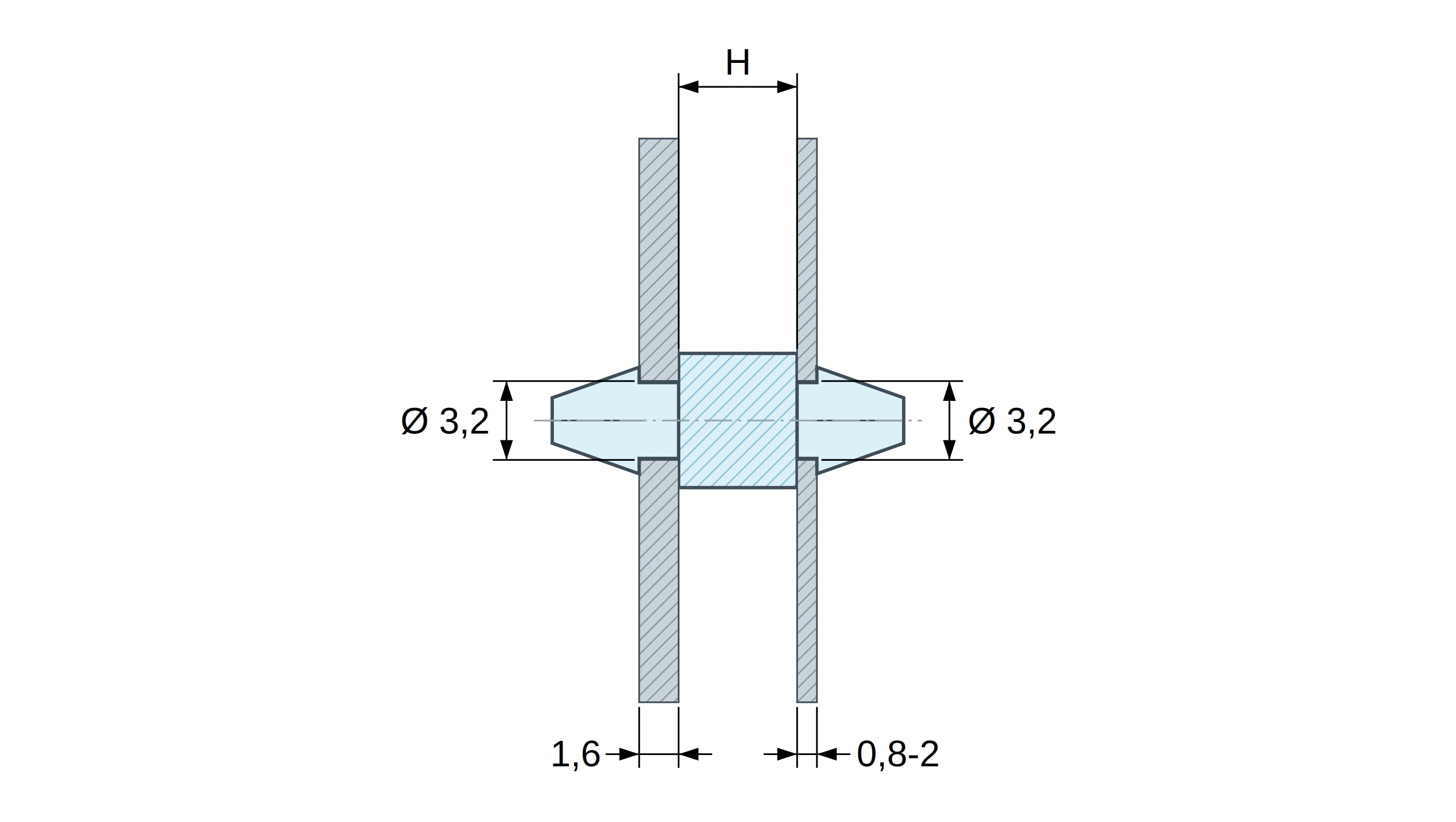 Plan coté Support de carte à clipser des deux côtés, polyamide PA6.6 naturel UL94-V2, carte Ø3,2 mm 1,6 mm / châssis Ø3,2 mm 0,8 à 2 mm Plan coté Support de carte à clipser des deux côtés, polyamide PA6.6 naturel UL94-V2, carte Ø3,2 mm 1,6 mm / châssis Ø3,2 mm 0,8 à 2 mm