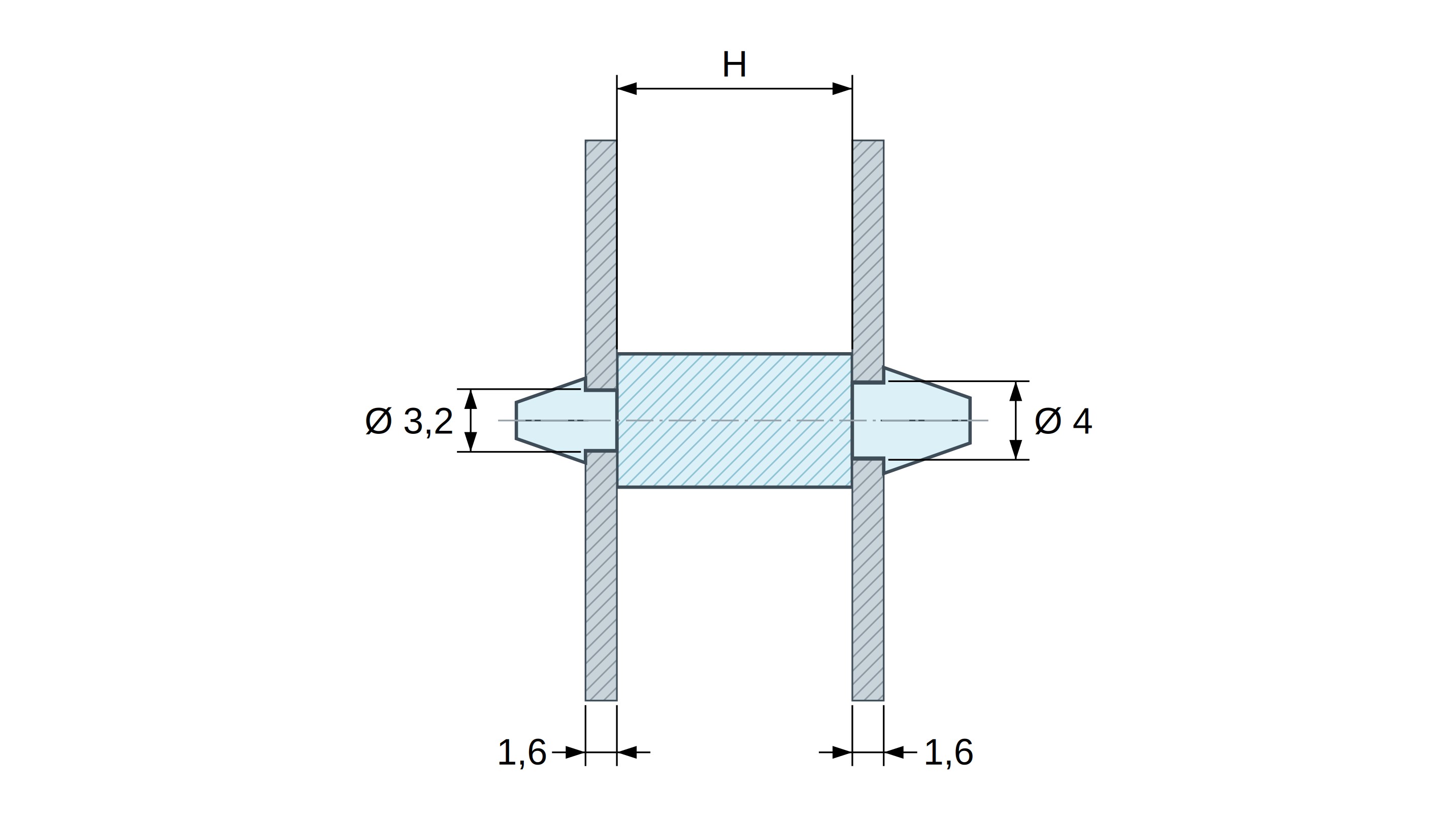 Plan coté Support de carte à clipser des deux côtés, polyamide PA6.6 noir UL94-HB, carte Ø3,2 mm 1,6 mm / châssis Ø4 mm 1,6 mm