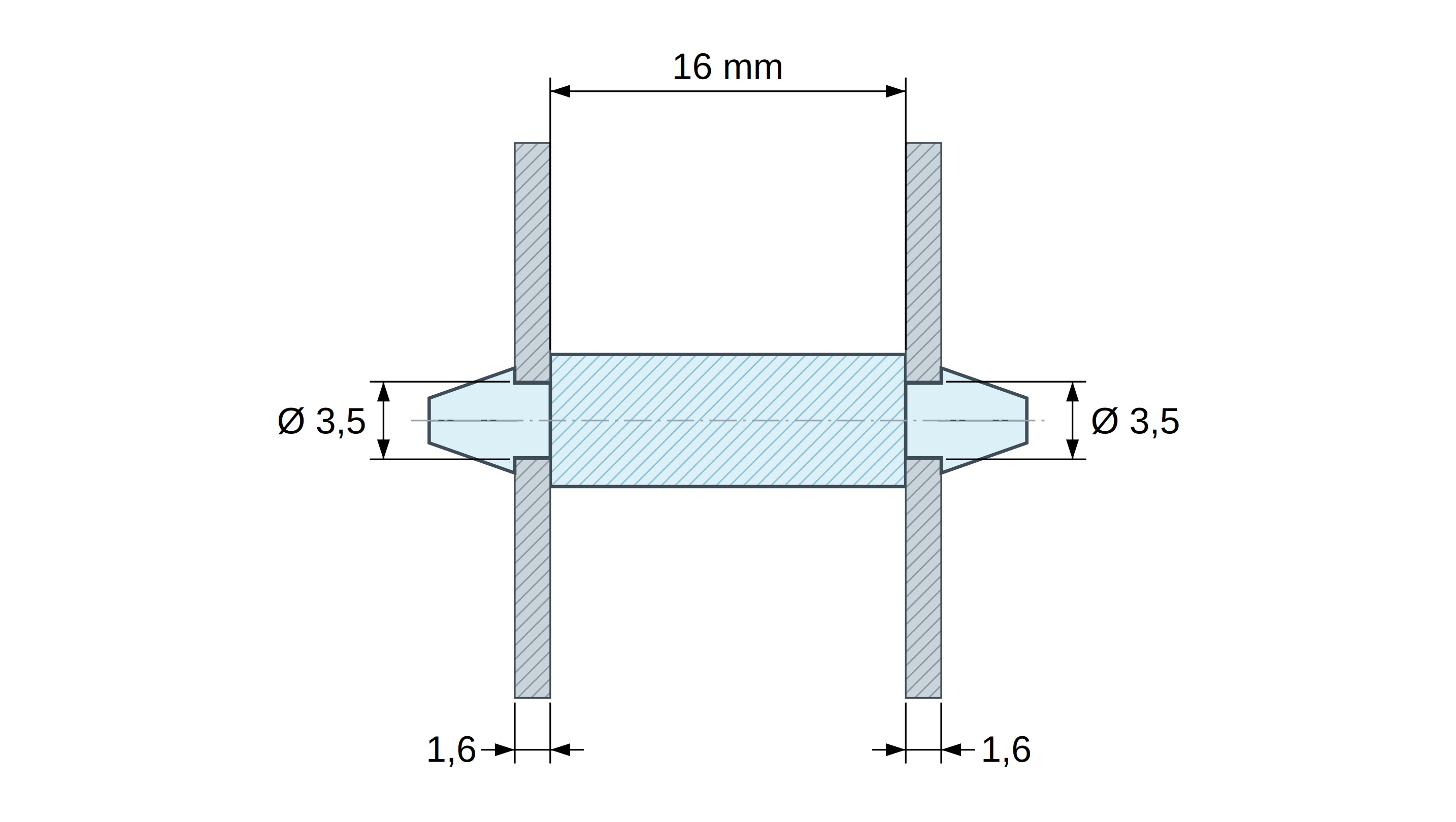 Plan coté Support de carte à clipser des deux côtés, polyamide PA6.6 naturel UL94-V0, trou de carte Ø3,5 mm, carte 1,6 mm