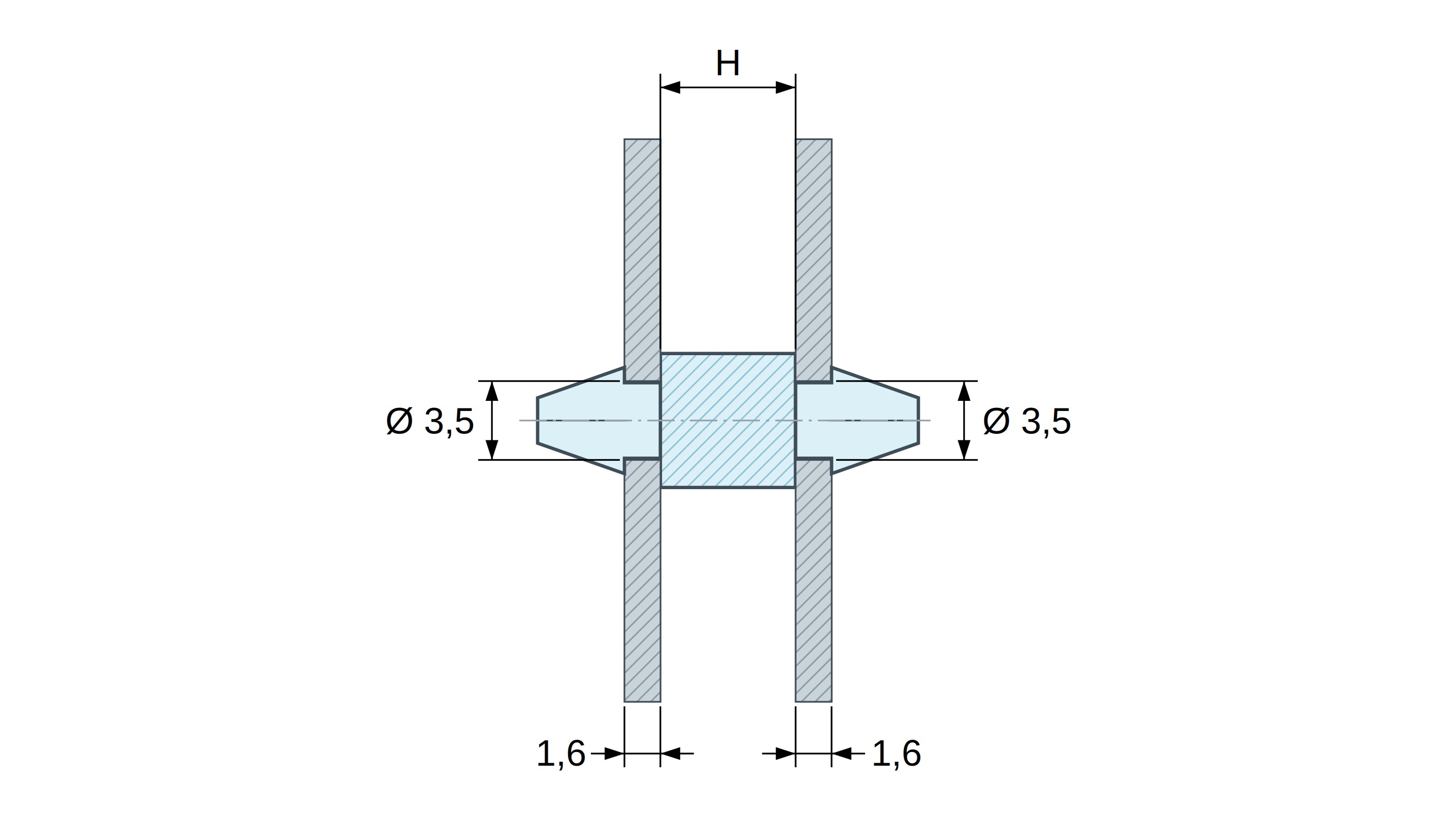 Plan coté Support de carte à clipser des deux côtés, polyamide PA6.6 naturel UL94-V2, trou de carte Ø3,5 mm, carte 1,6 mm Plan coté Support de carte à clipser des deux côtés, polyamide PA6.6 naturel UL94-V2, trou de carte Ø3,5 mm, carte 1,6 mm