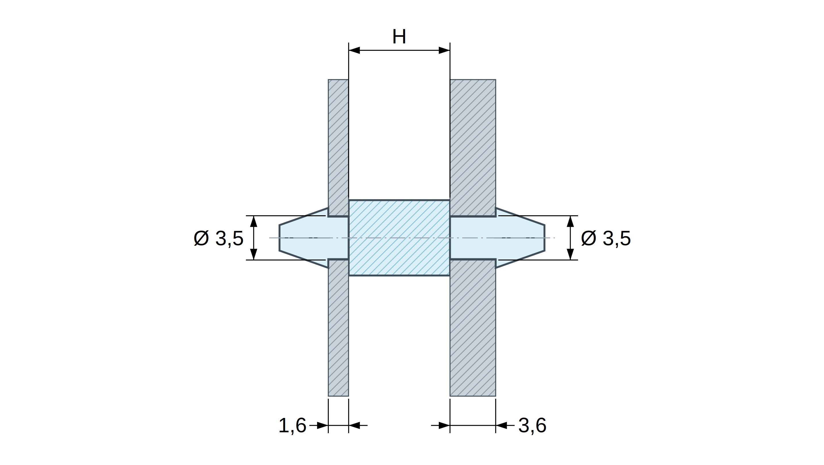 Plan coté Support de carte à clipser des deux côtés, polyamide PA6.6 naturel UL94-V2, carte Ø3,5 mm 1,6 mm / châssis Ø3,5 mm 3,6 mm