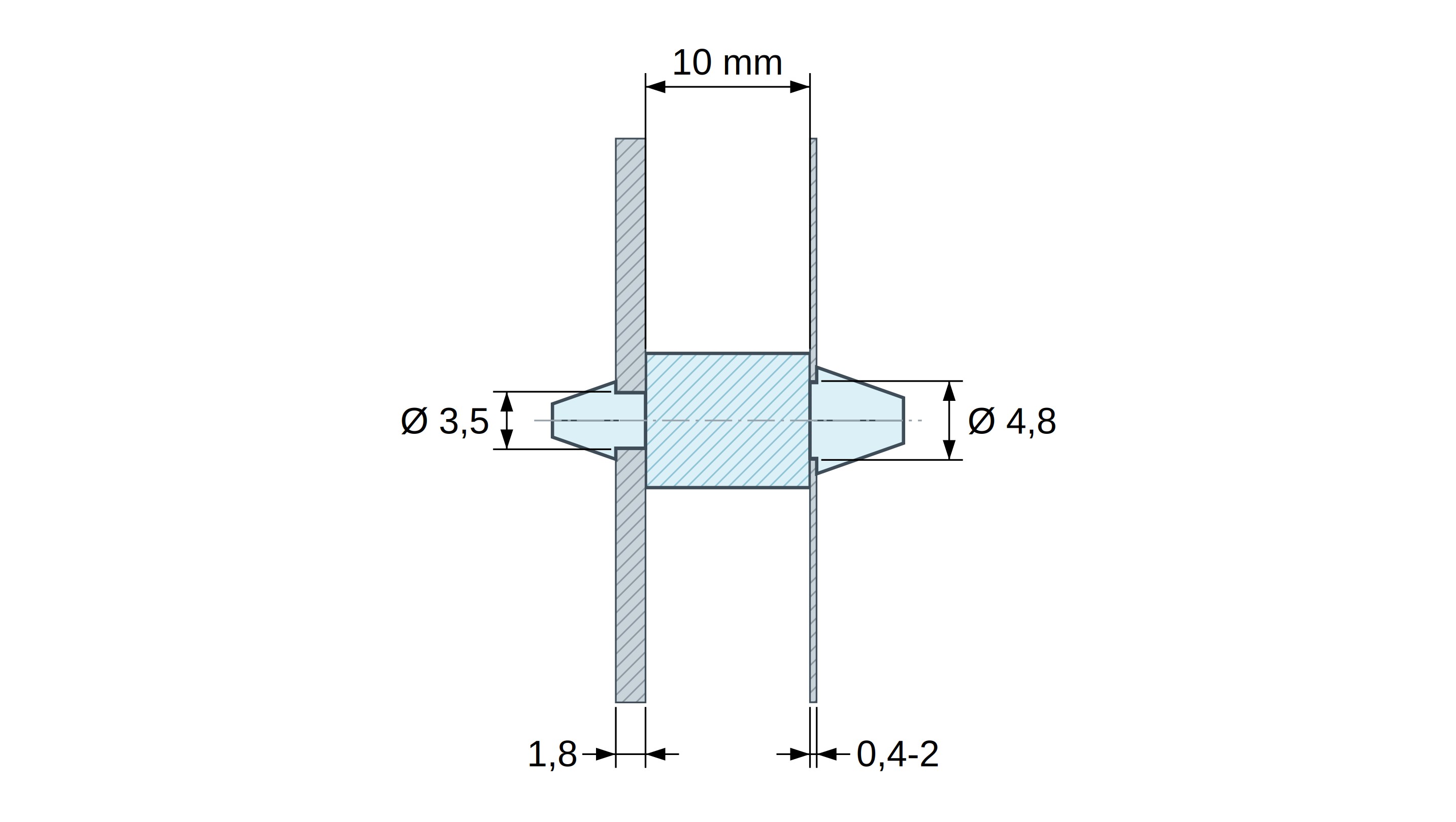 Plan coté Support de carte à clipser des deux côtés, polyamide PA6.6 naturel UL94-V2, carte Ø3,5 mm 1,8 mm / châssis Ø4,8 mm 0,4 à 2 mm